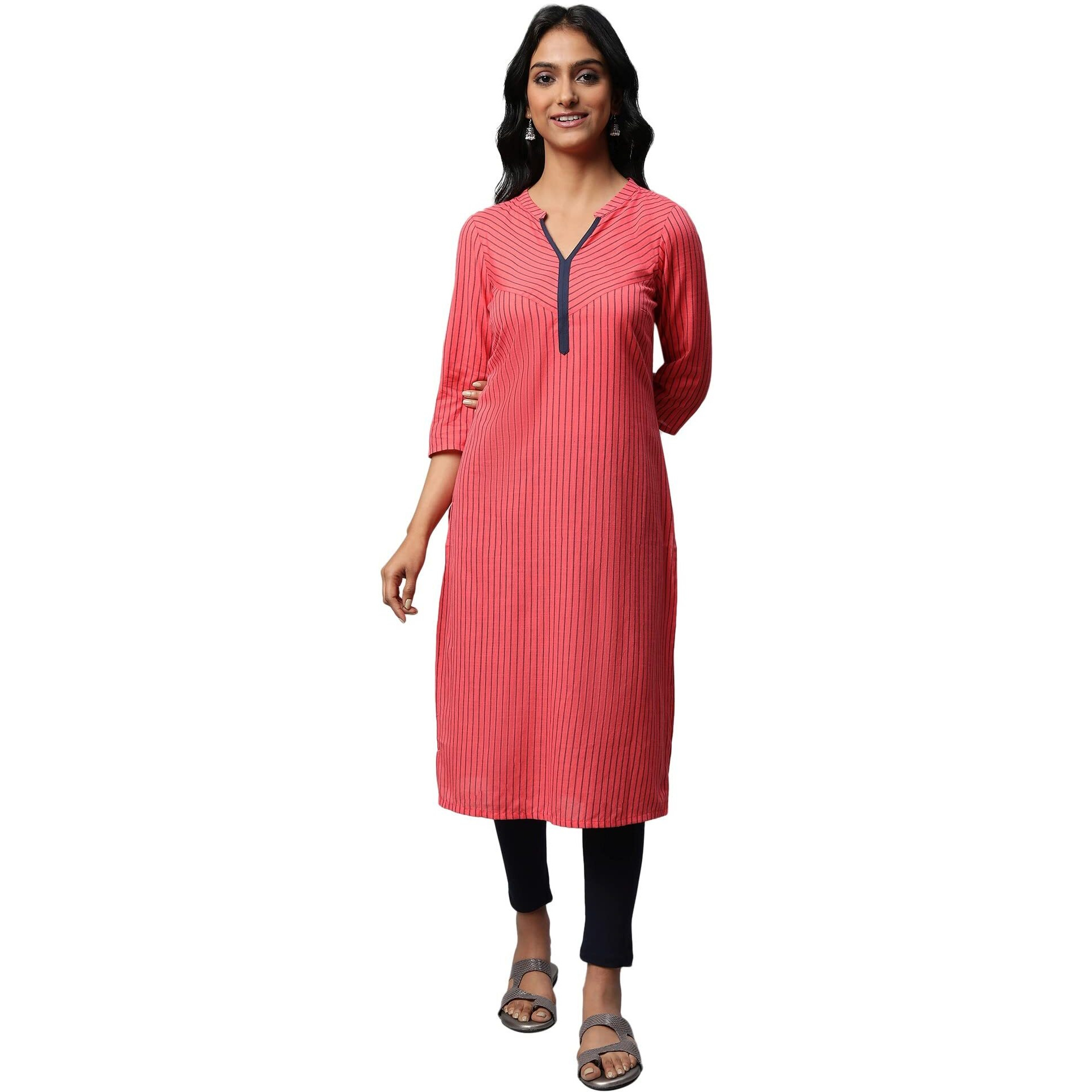 Red Band Collar Printed Kurta