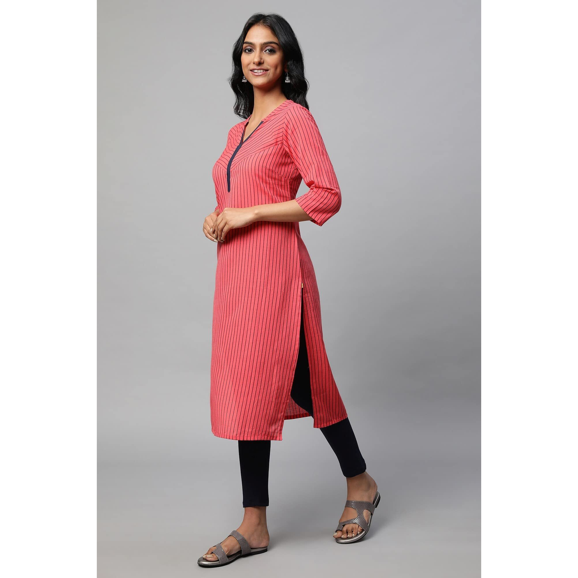 Red Band Collar Printed Kurta