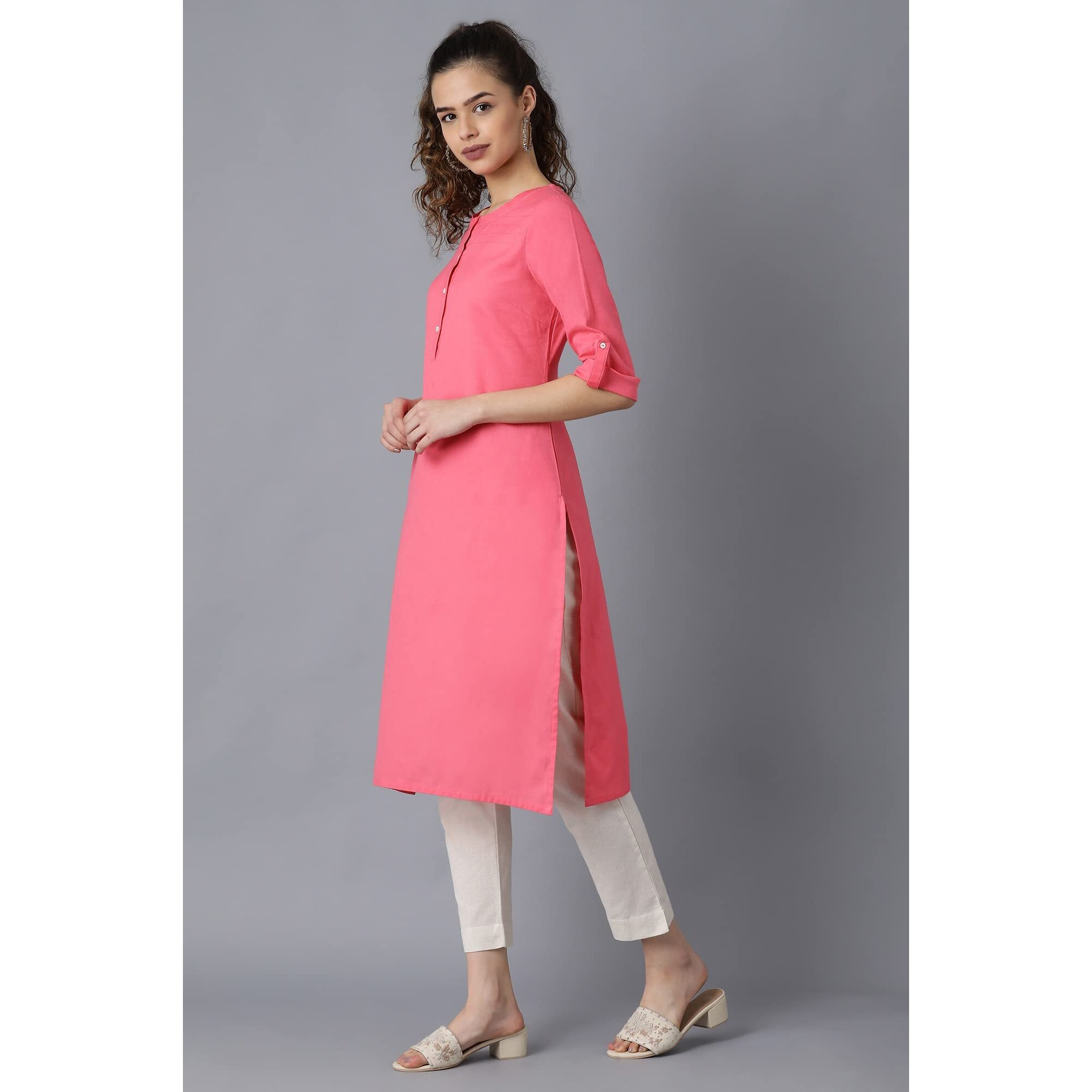 W For Woman Cotton Yellow Solid Round Neck Straight Kurta_20Few13783-213749M_Xs