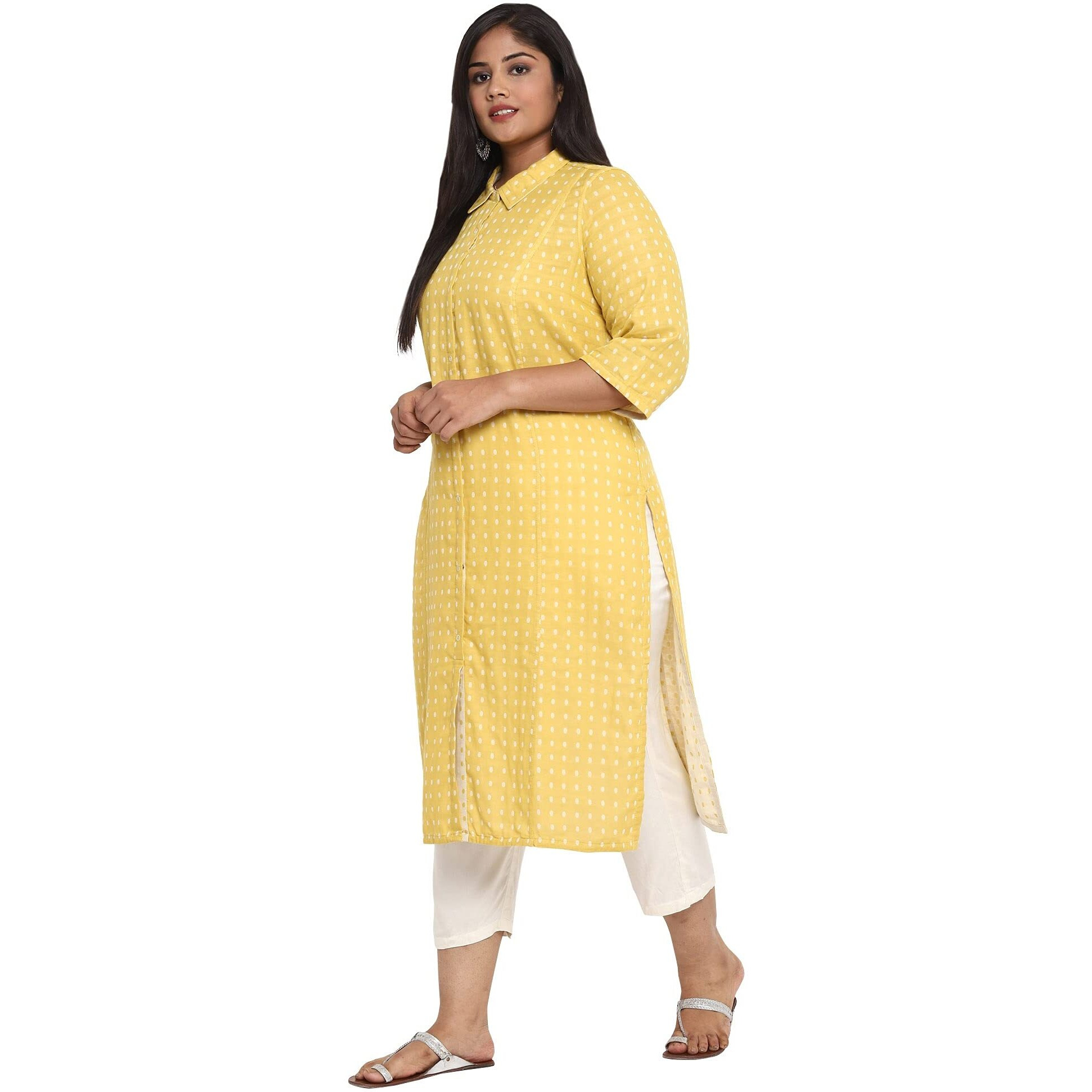 Aurelia Women's Cotton Regular Kurta (21Aua11640-702362_Yellow_L)