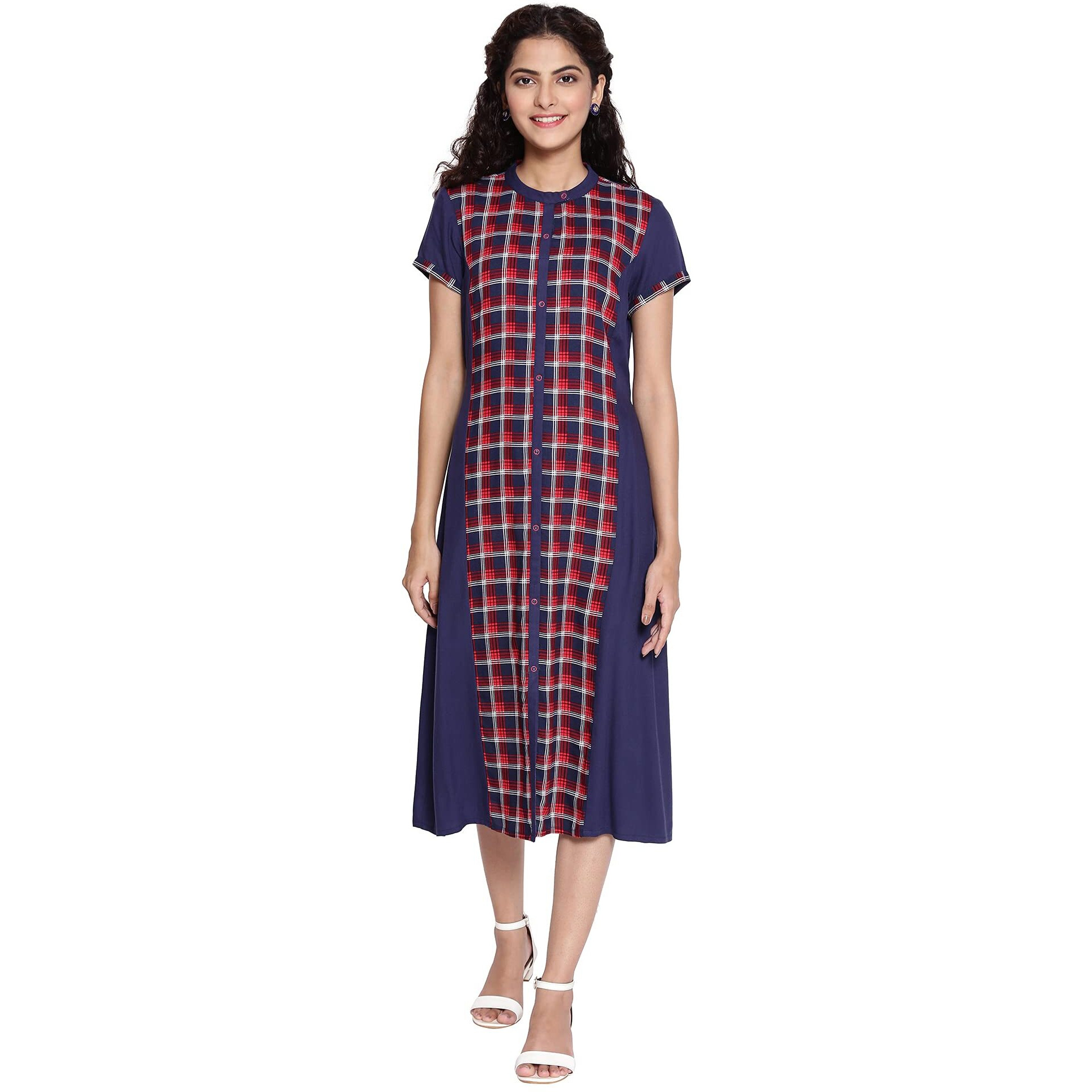 Aurelia Women's Viscose Dark Blue Mandarin Collar Gathered Dress Knee-Length (21Aua12360-503300 L)