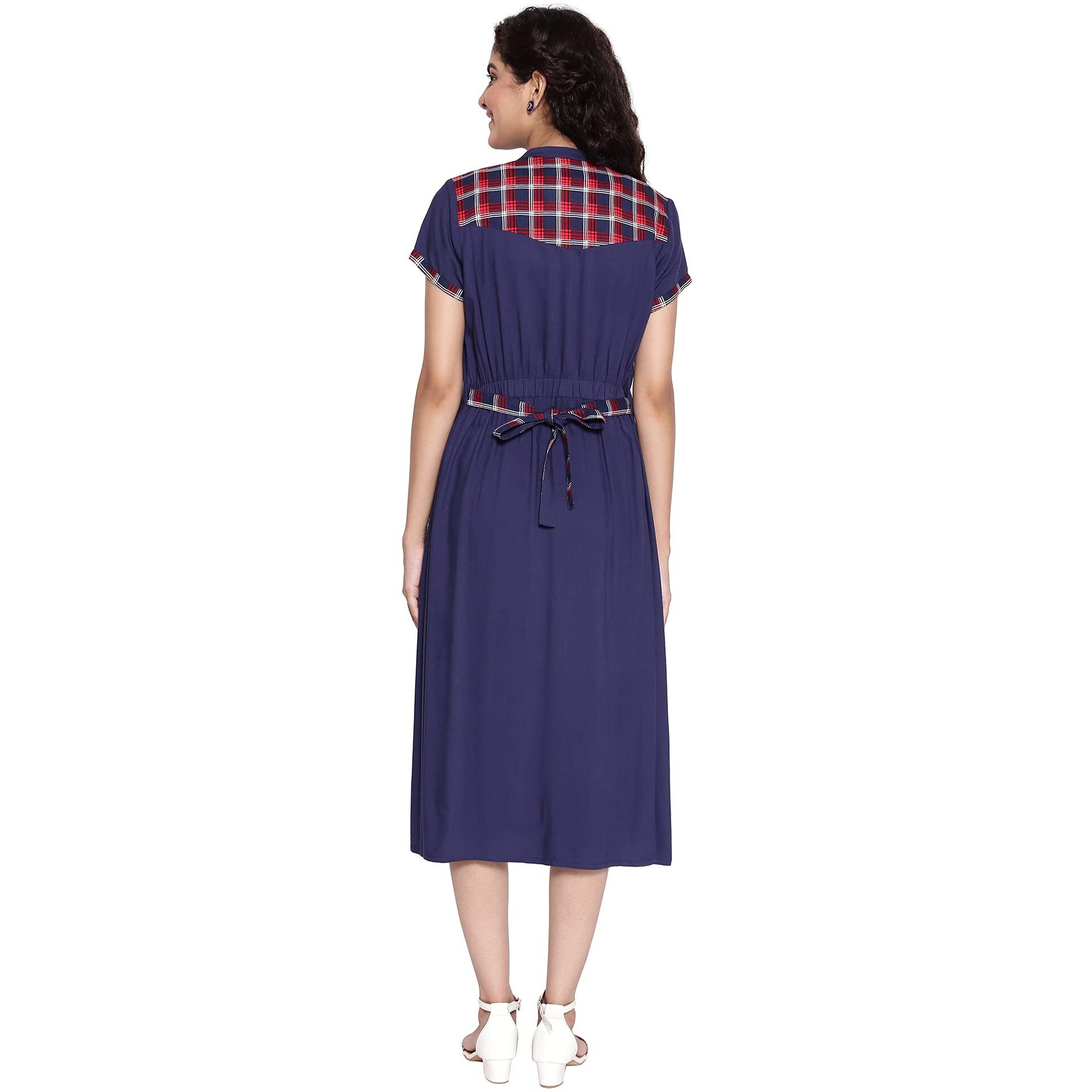 Aurelia Women's Viscose Dark Blue Mandarin Collar Gathered Dress Knee-Length (21Aua12360-503300 L)