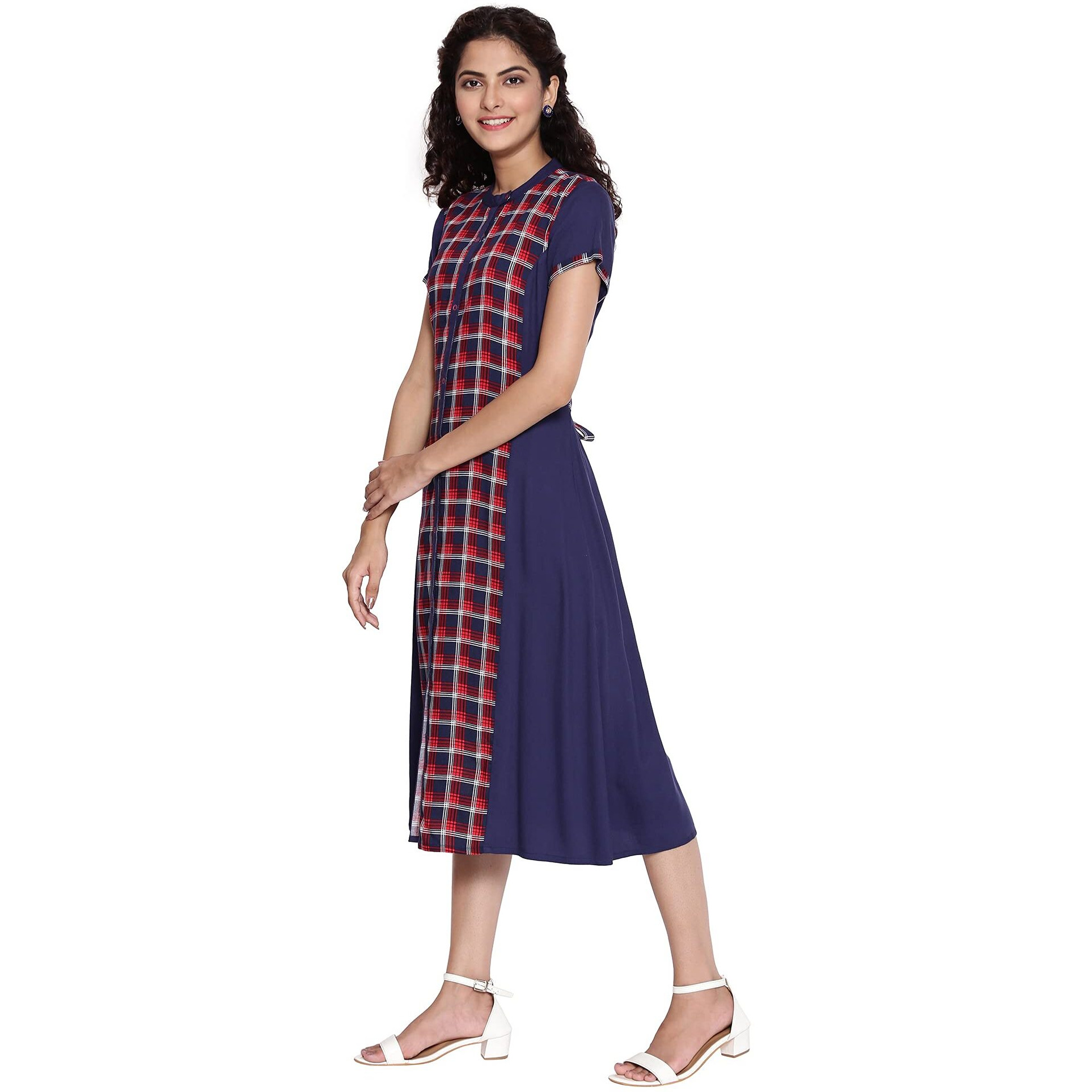 Aurelia Women's Viscose Dark Blue Mandarin Collar Gathered Dress Knee-Length (21Aua12360-503300 L)