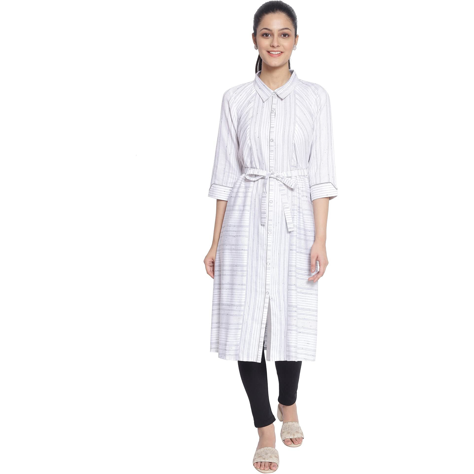 Aurelia Women's Cotton Blend White Collar Neck Printed Kurta Above The Knee Dress (21Aua12219-702097_Grey_S)