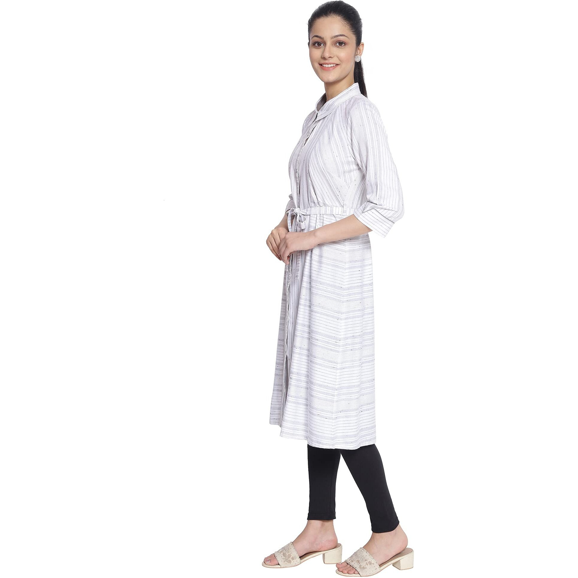 Aurelia Women's Cotton Blend White Collar Neck Printed Kurta Above The Knee Dress (21Aua12219-702097_Grey_S)