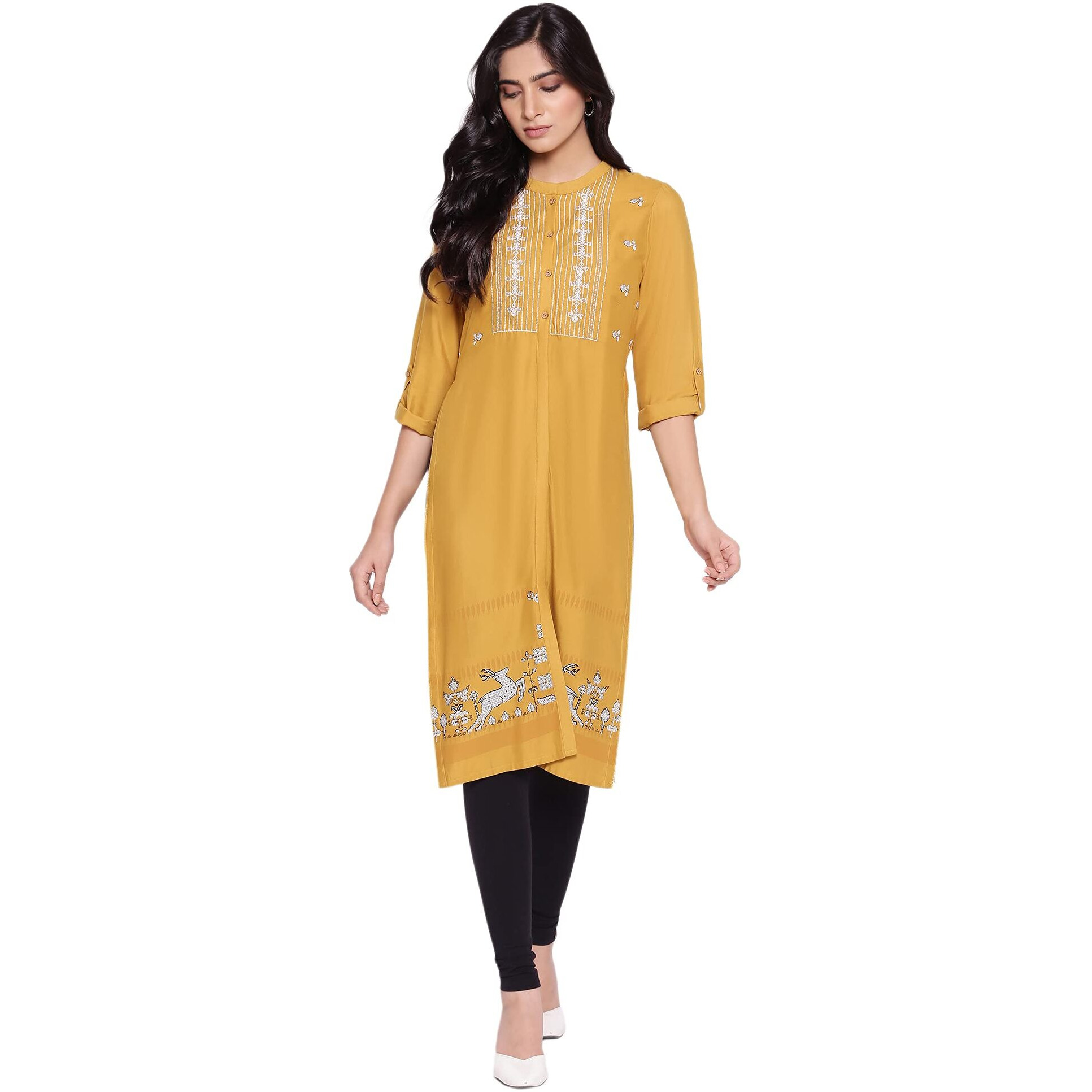 W For Woman Mustard Yellow Staright Printed Kurta_21Few16253-114498_S