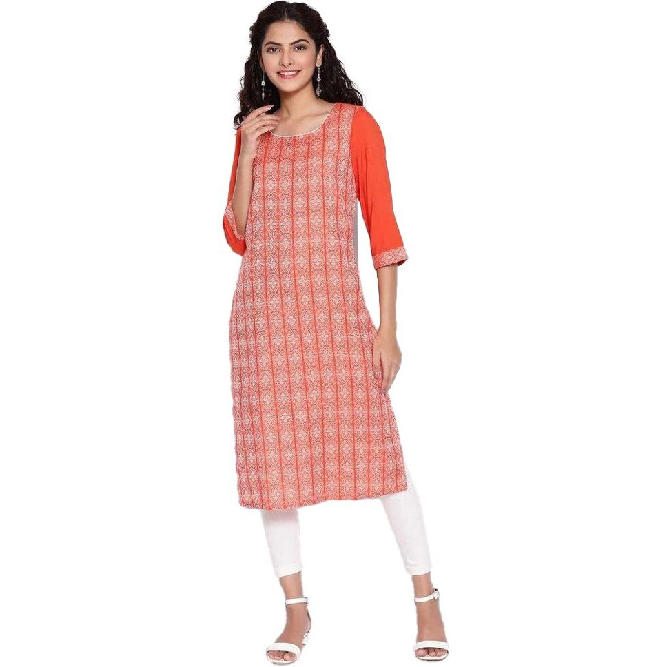 Aurelia Round Neck Cotton Womens Knee Length Kurta (S21Aua11871A002,Orange,Small)