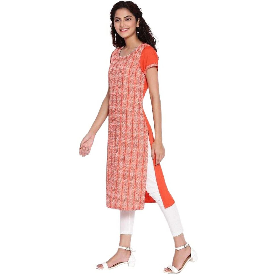 Aurelia Round Neck Cotton Womens Knee Length Kurta (S21Aua11871A002,Orange,Small)