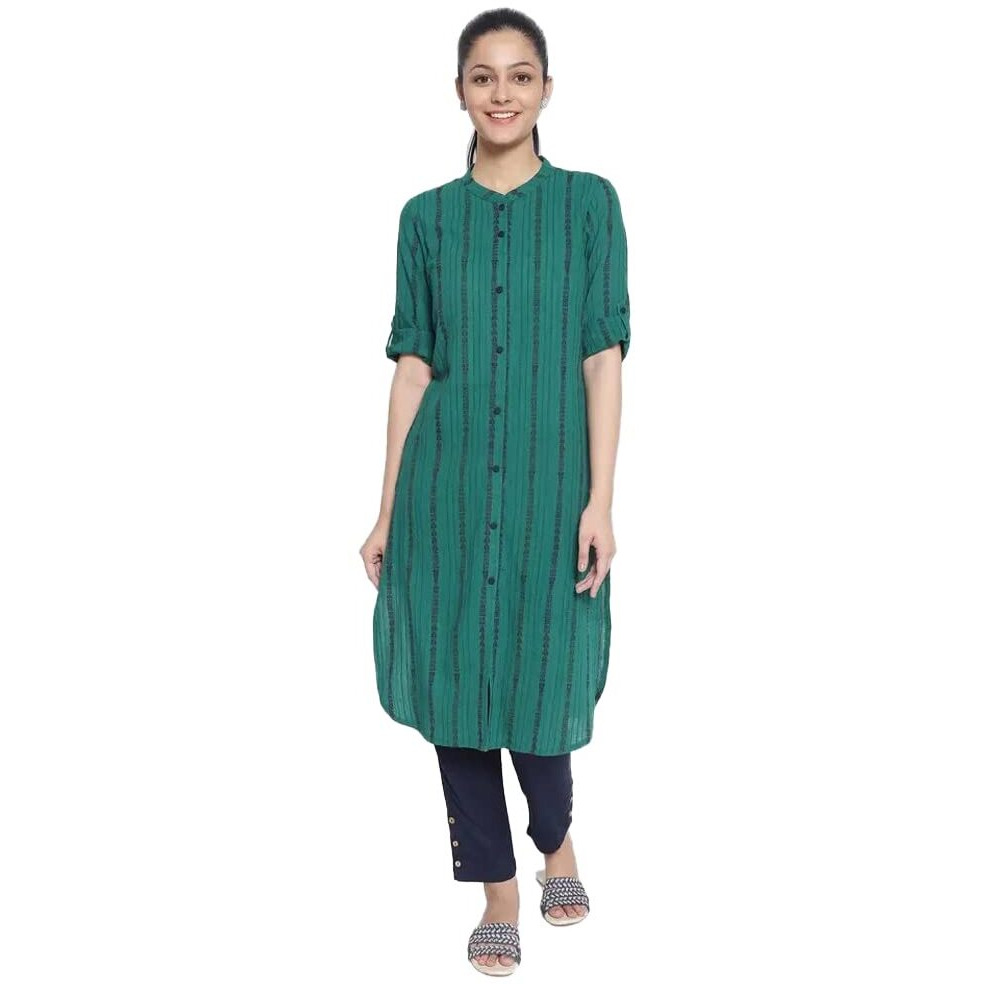 Aurelia Band With Placket Cotton Womens Knee Length Kurta (S21Aua11854A008,Green,Extra Small)