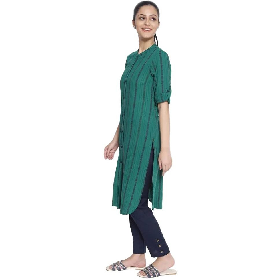 Aurelia Band With Placket Cotton Womens Knee Length Kurta (S21Aua11854A008,Green,Extra Small)