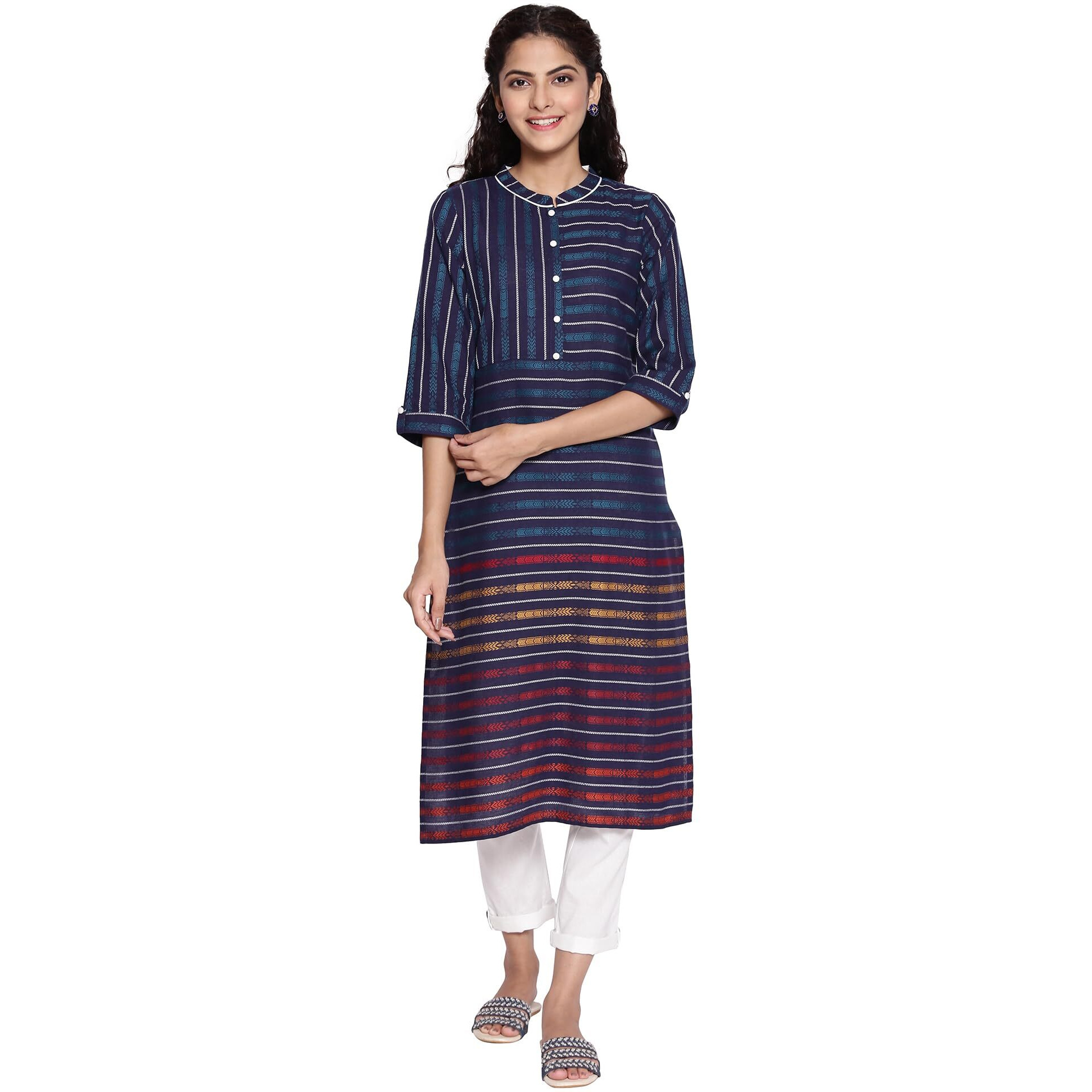 Aurelia Boat Neck Cotton Womens Knee Length Kurta (S21Aua11868004,Blue,Large)
