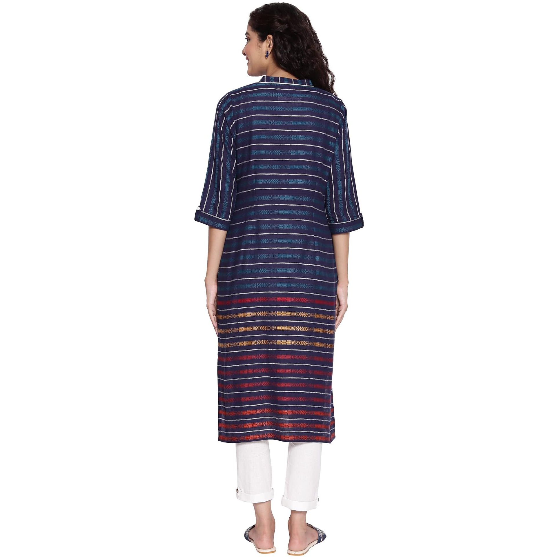 Aurelia Boat Neck Cotton Womens Knee Length Kurta (S21Aua11868004,Blue,Large)