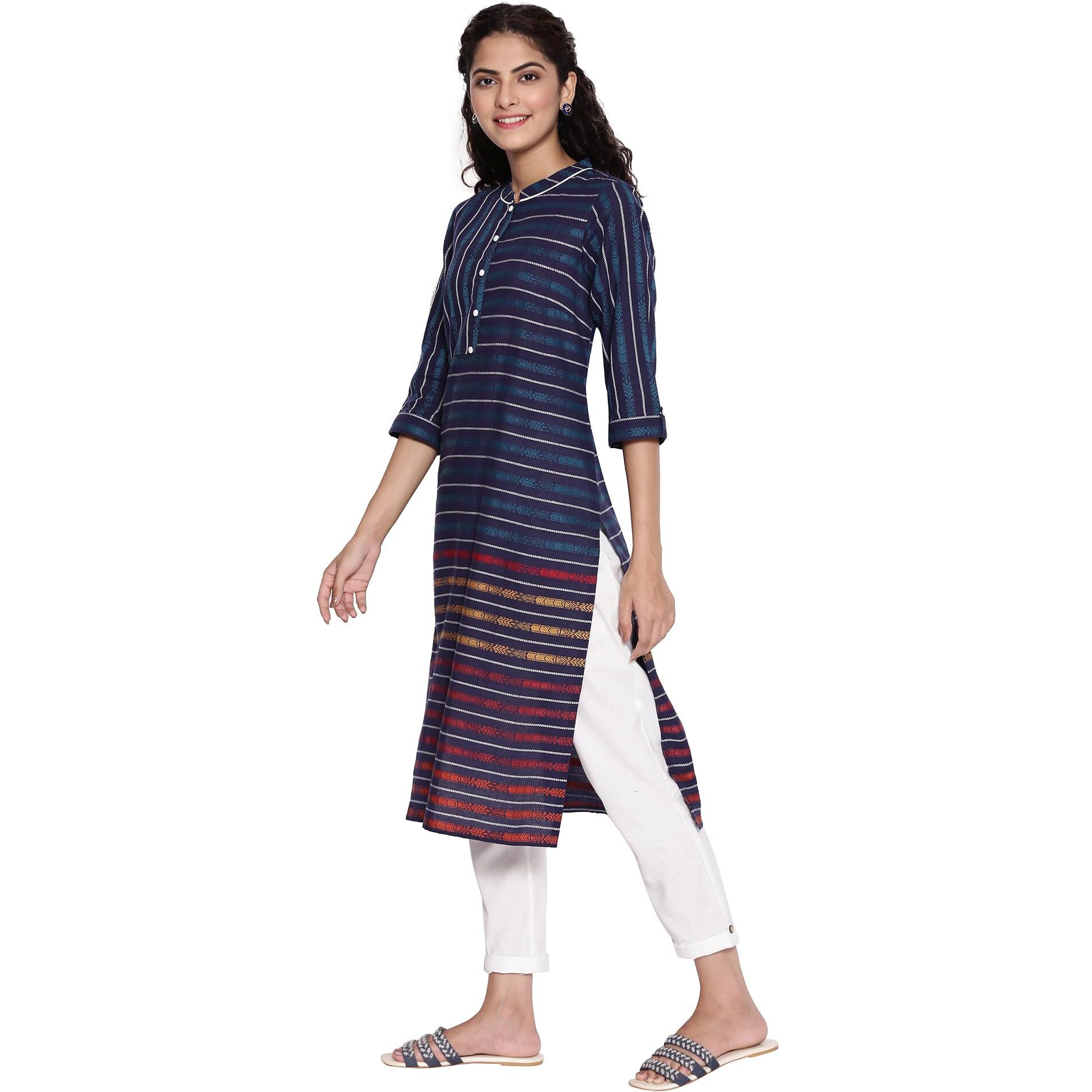 Aurelia Boat Neck Cotton Womens Knee Length Kurta (S21Aua11868004,Blue,Large)