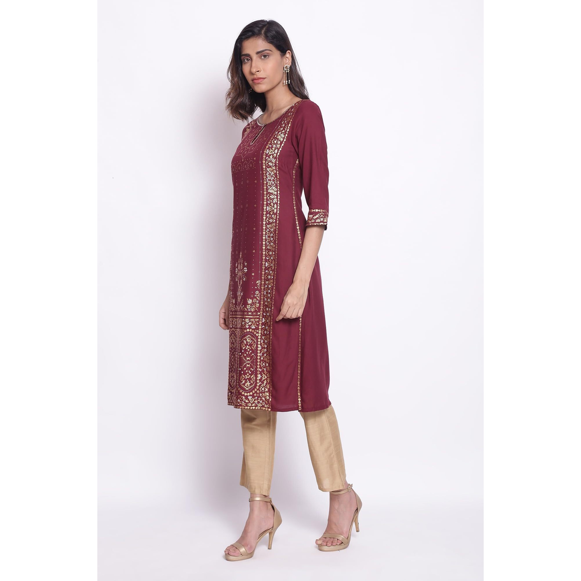 W For Woman Purple Straight Foil Print Kurta_21Few14015-115714_L