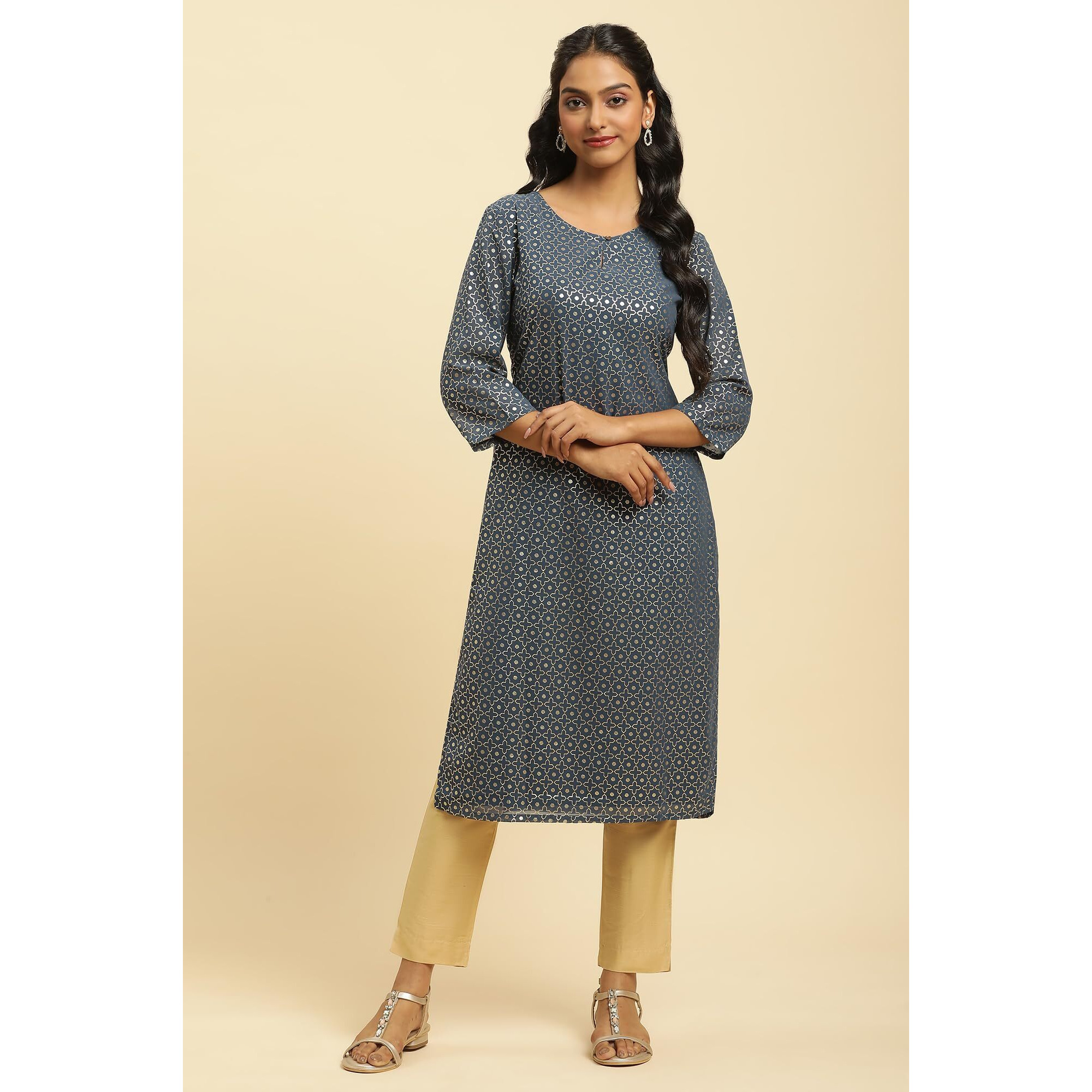 W For Woman Polyester Blue Foil Printed Straight Kurta_21Sfw16245-51098_L