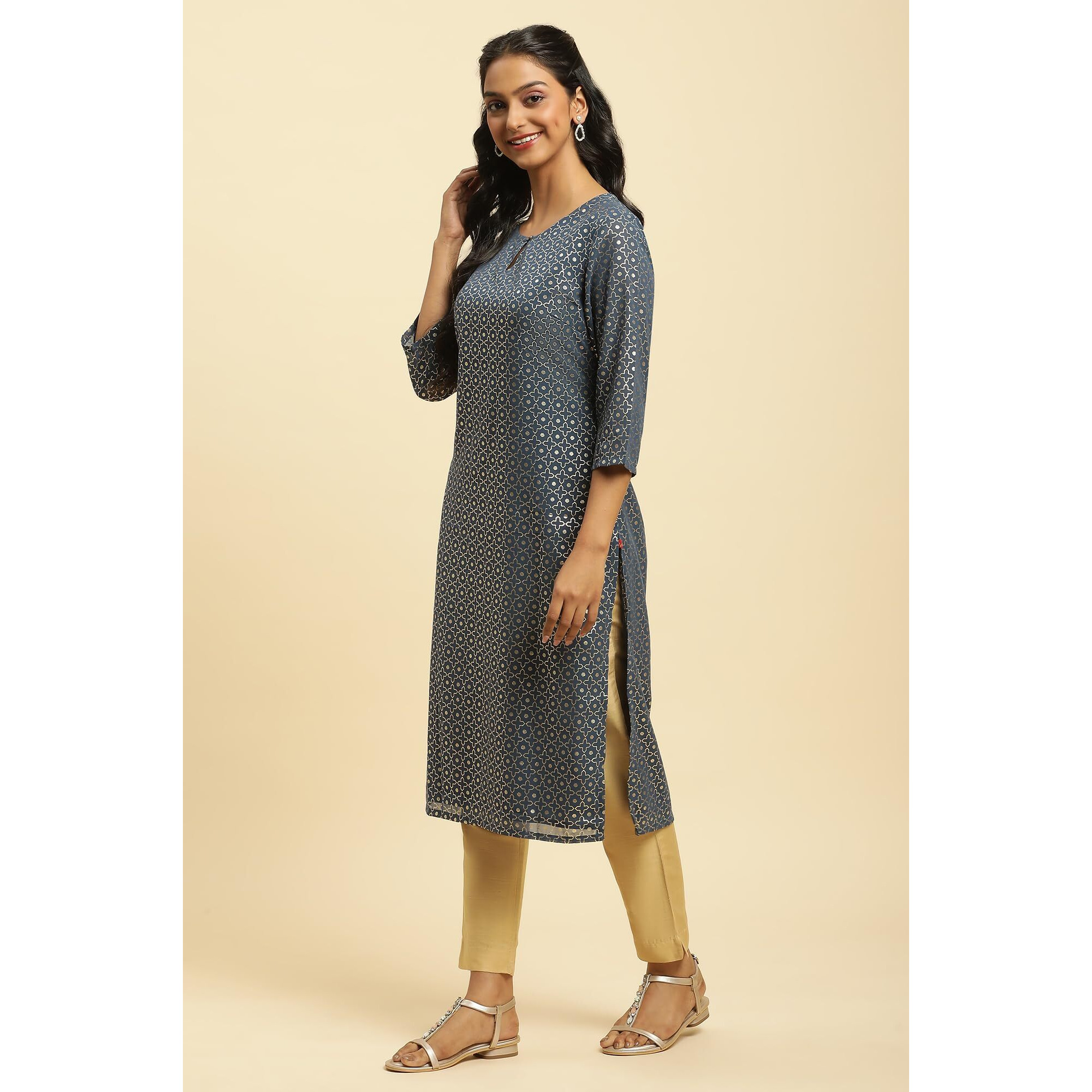 W For Woman Polyester Blue Foil Printed Straight Kurta_21Sfw16245-51098_L