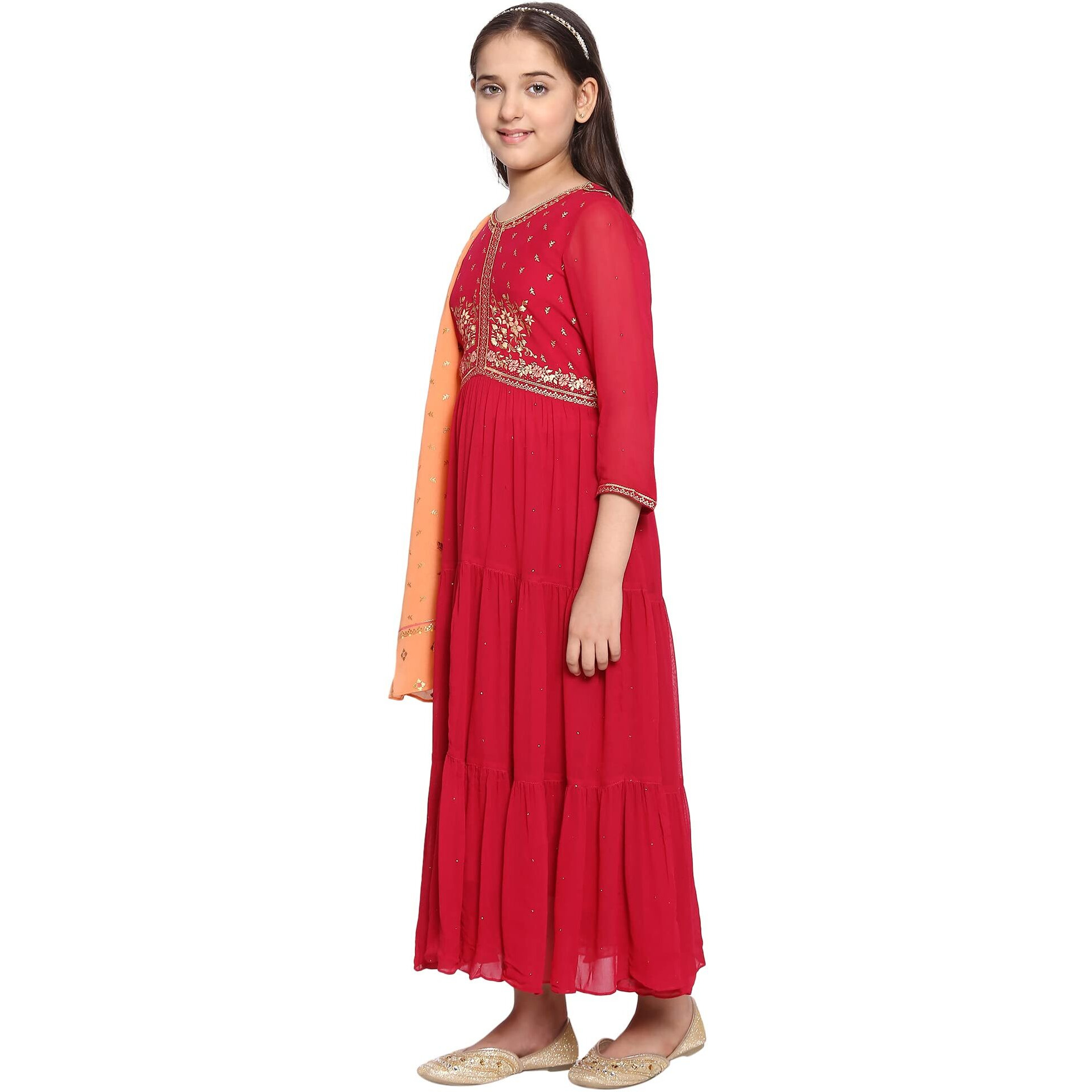 Sweet Rose Pink Tiered Dress-Dupatta Girls Set