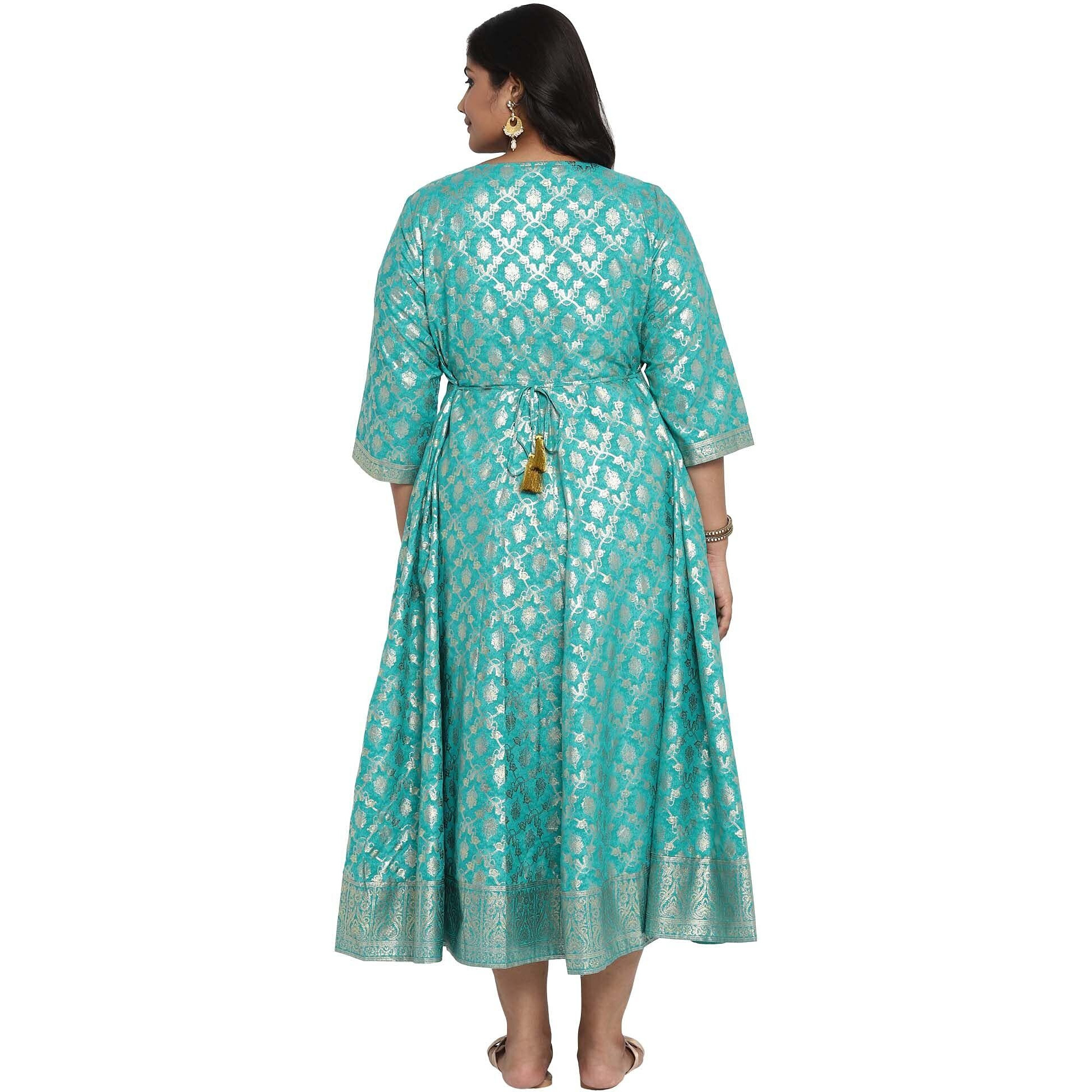 Aurelia Women's Viscose Teal Print Flared Dress Calf Length (21Aua11976-503449 Green_S)