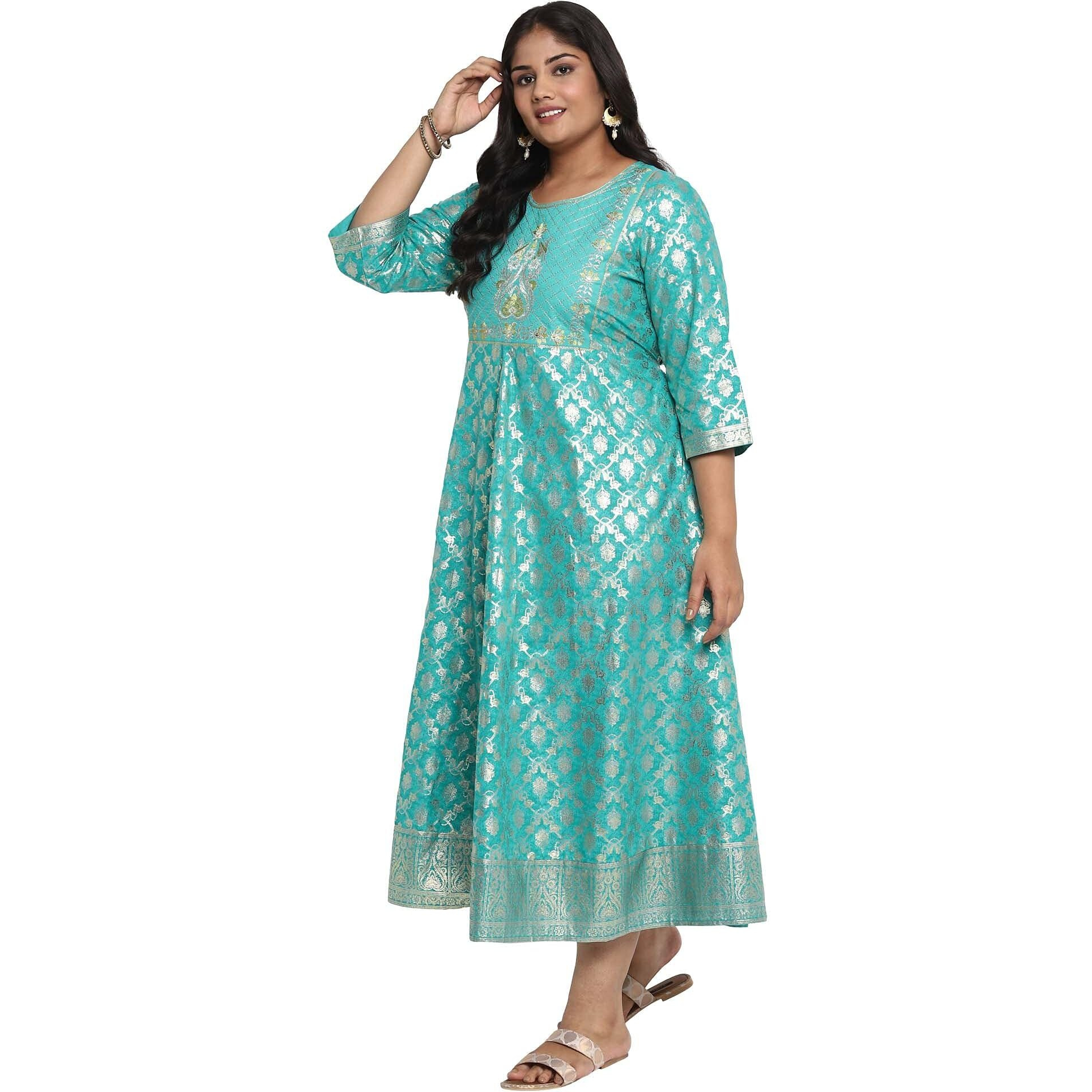 Aurelia Women's Viscose Teal Print Flared Dress Calf Length (21Aua11976-503449 Green_S)