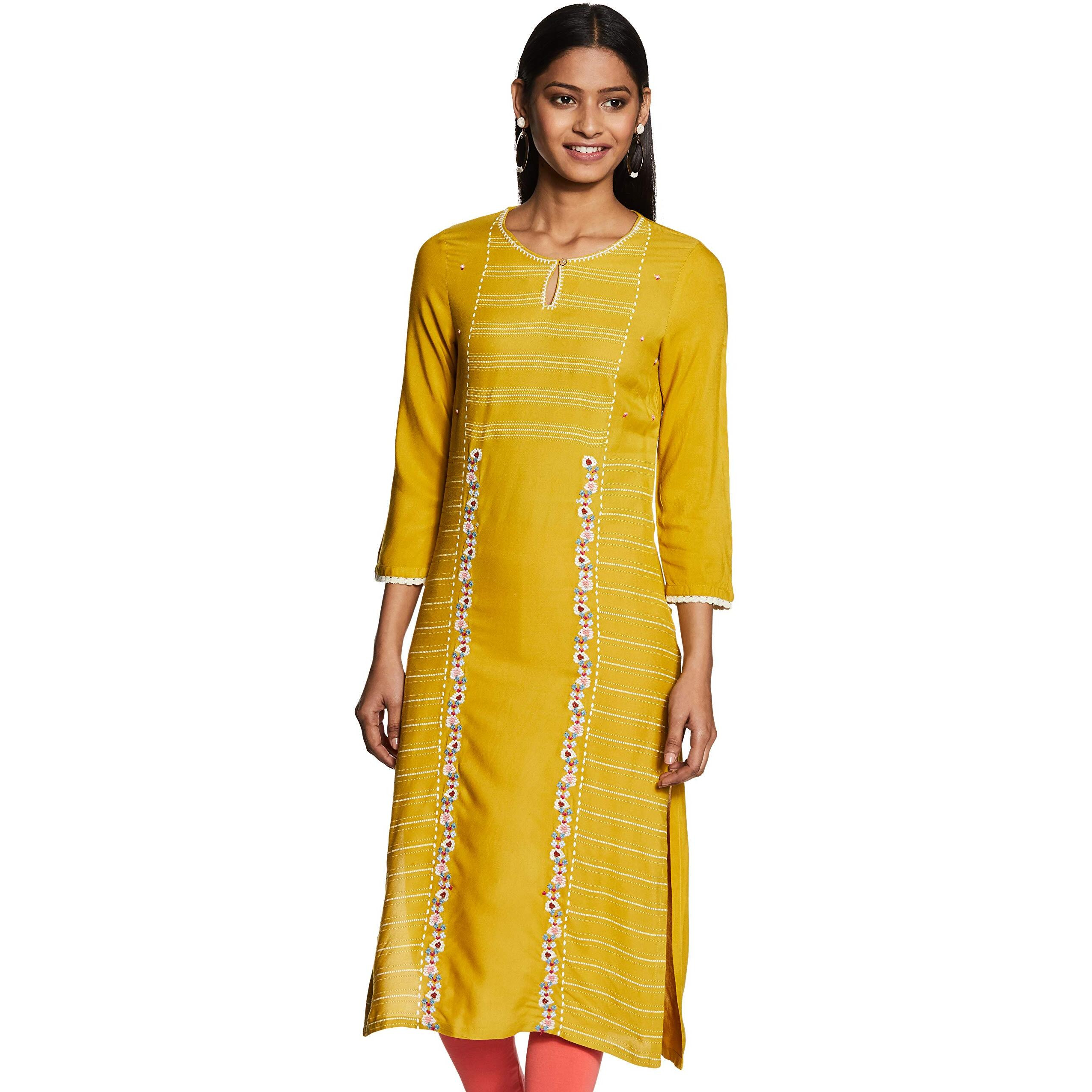 W For Woman Women's Rayon Kurta (20Few13222-113207_Yellow_8 (Small))