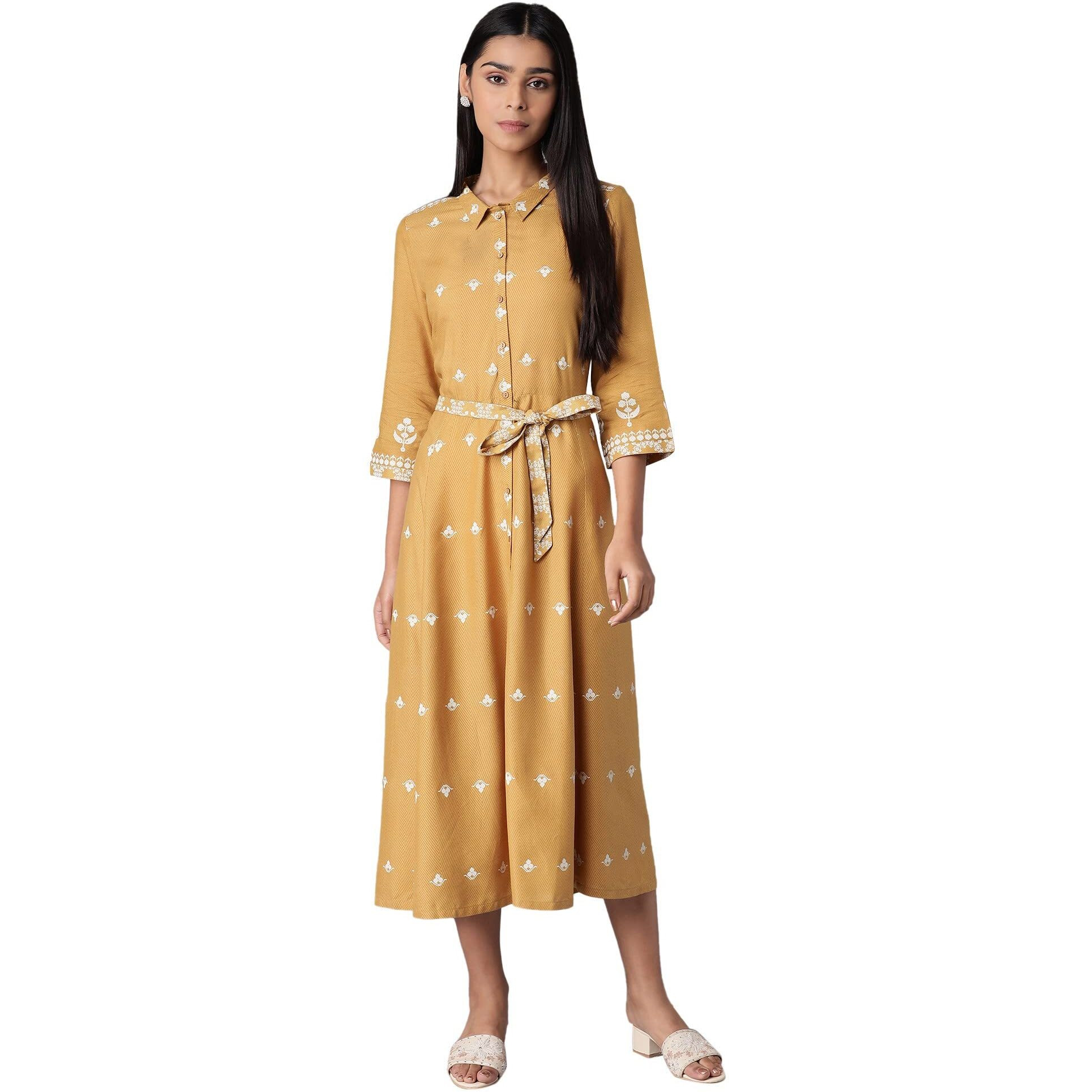 W For Woman Women's Viscose Yellow Flared Panelled Dress Below The Knee (21Auw15991-117137_Honeycomb 8)