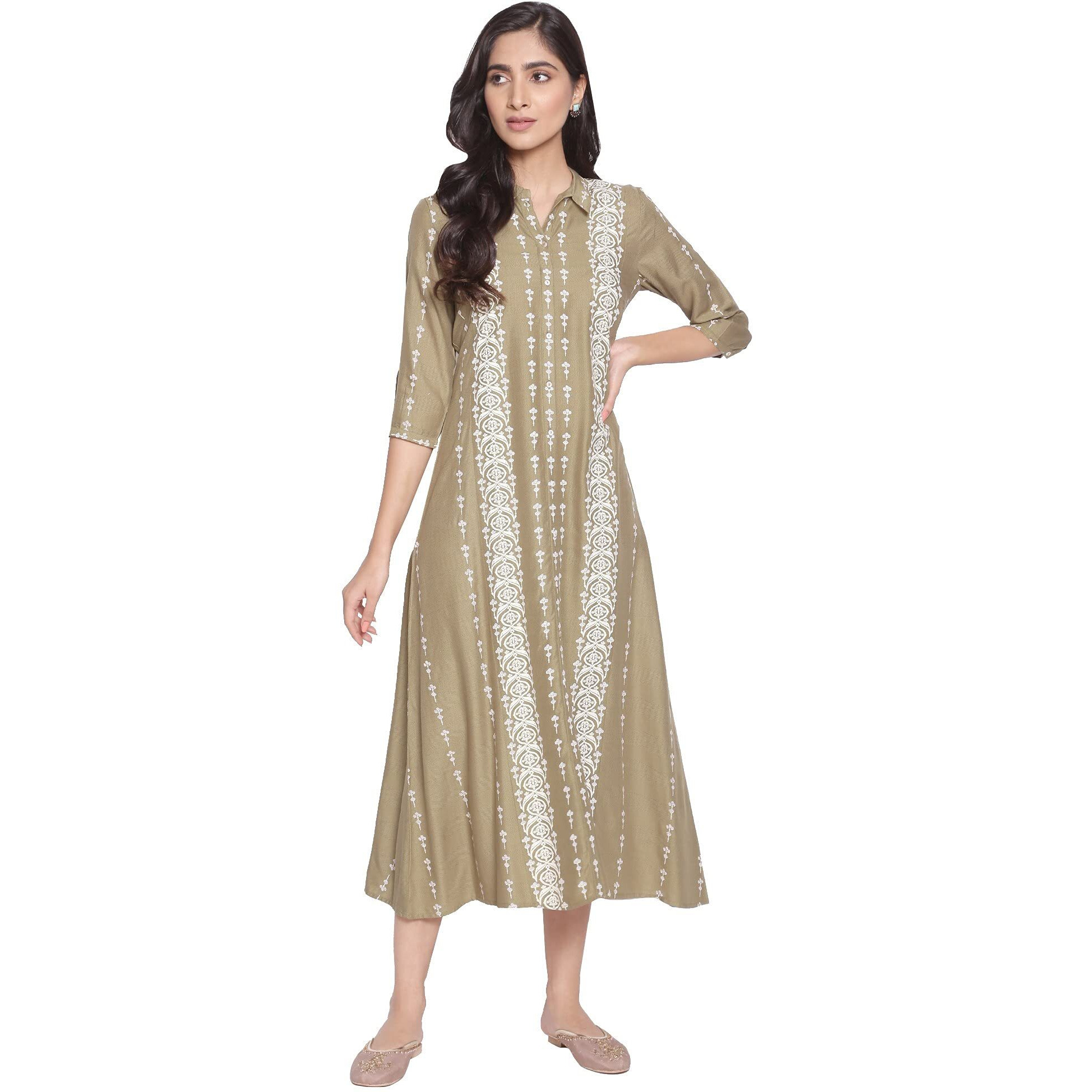 W For Woman Olive Green A-Line Long Dress_21Auw15994-116106_Xs