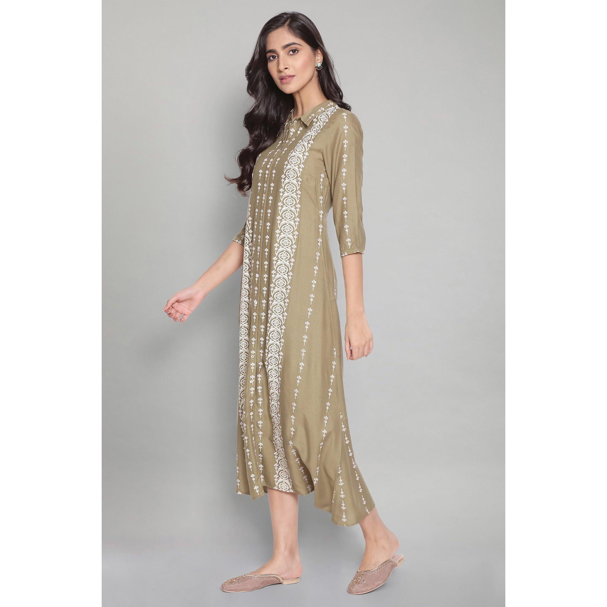 W For Woman Olive Green A-Line Long Dress_21Auw15994-116106_Xs