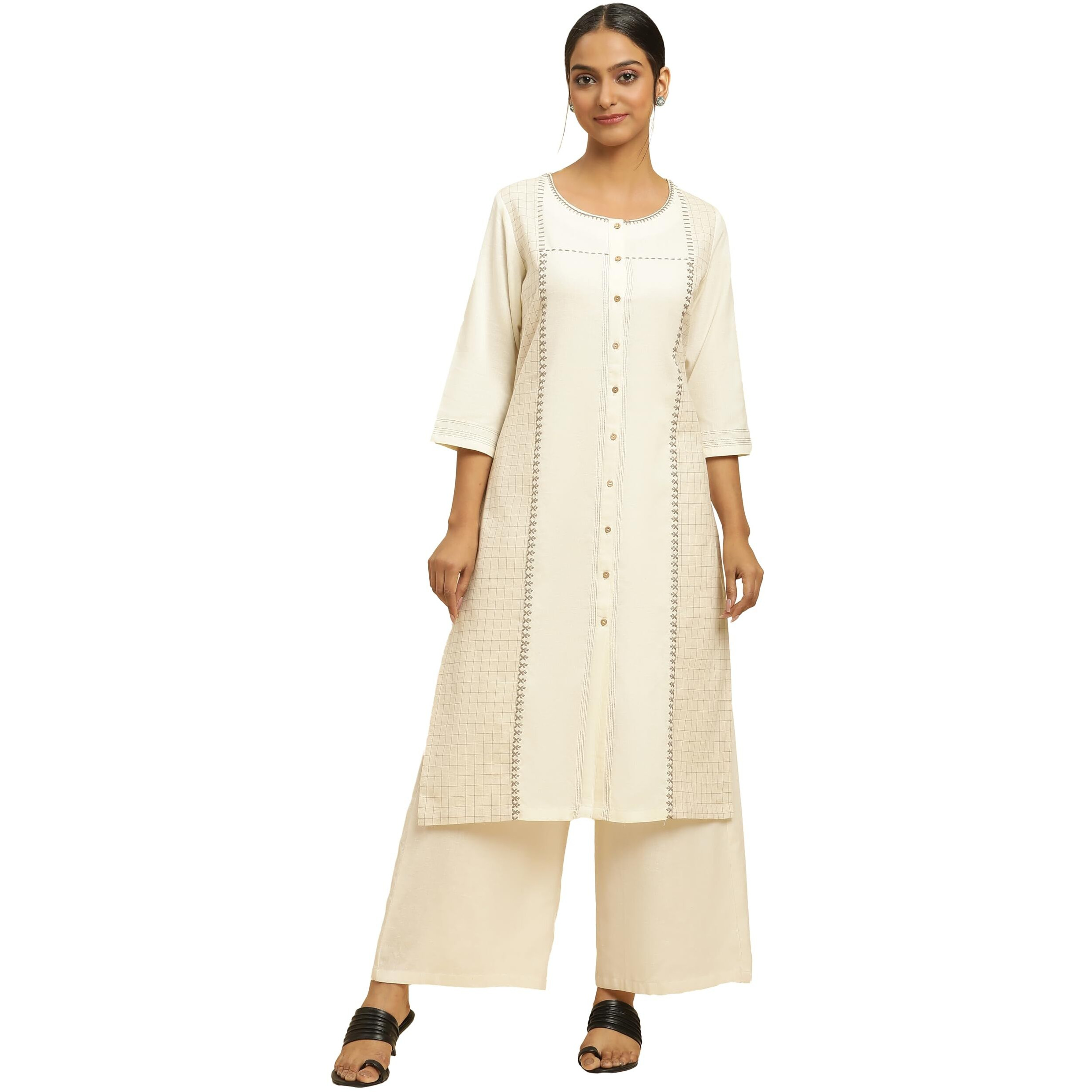 W For Woman Women's Cotton Striped Regular Mandarin Neck Yd-Dobby 42" L 3/4 Sleeve Kurta With Pant (21Skws15894-311190_Multicolour_10)