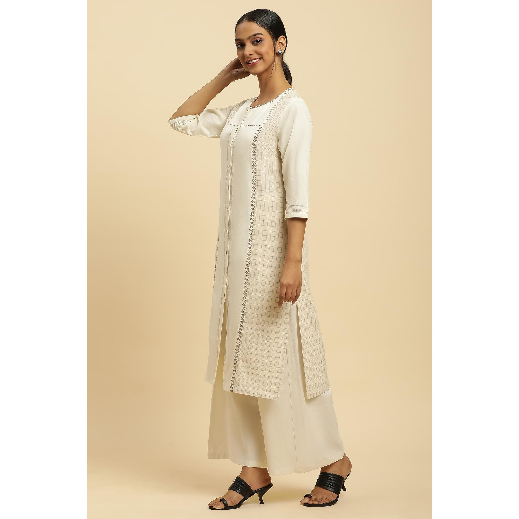 W For Woman Women's Cotton Striped Regular Mandarin Neck Yd-Dobby 42" L 3/4 Sleeve Kurta With Pant (21Skws15894-311190_Multicolour_10)