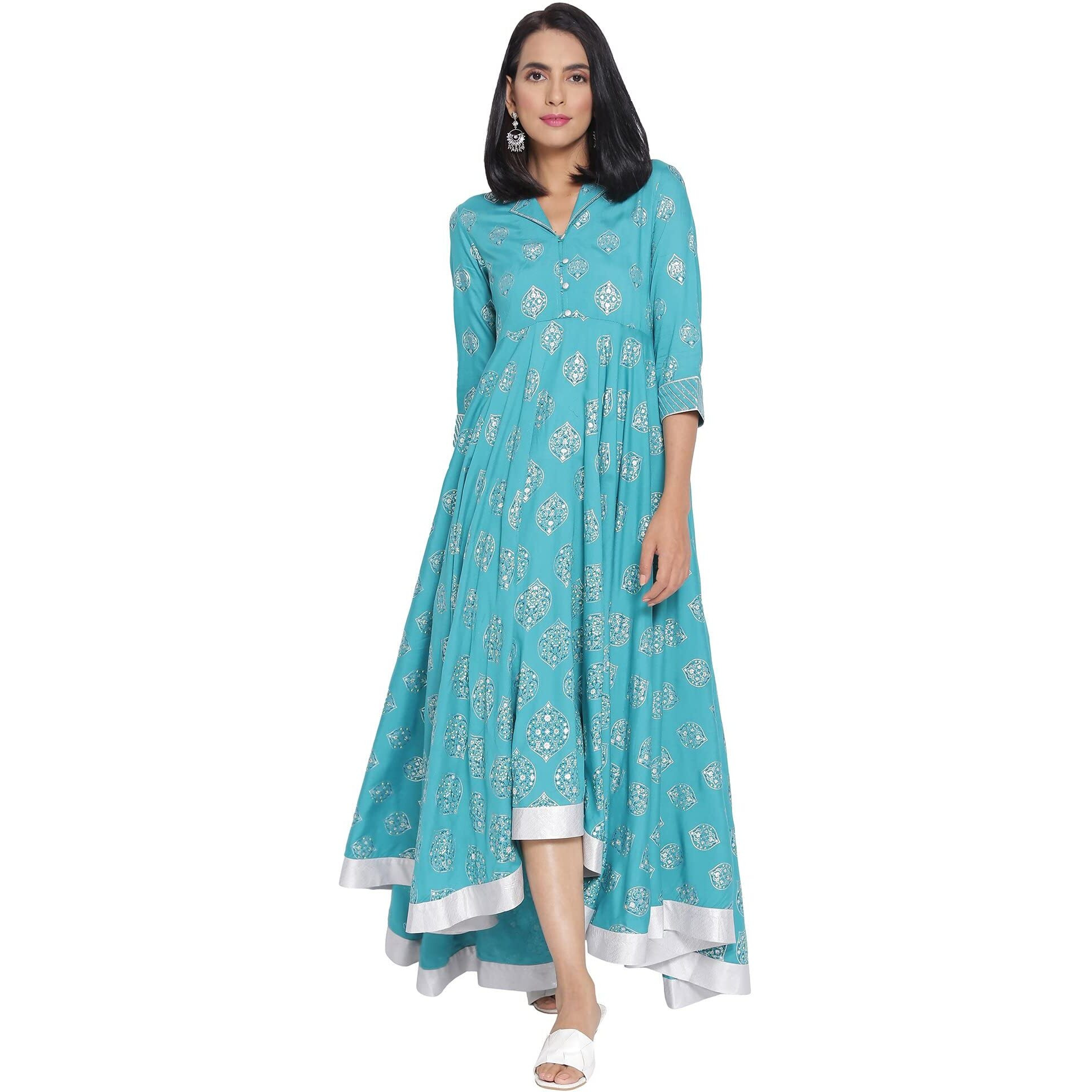 Aurelia Women's Polyester Blue Shirt Collar Flared Dress Calf Length (21Aua12451-503396 S)
