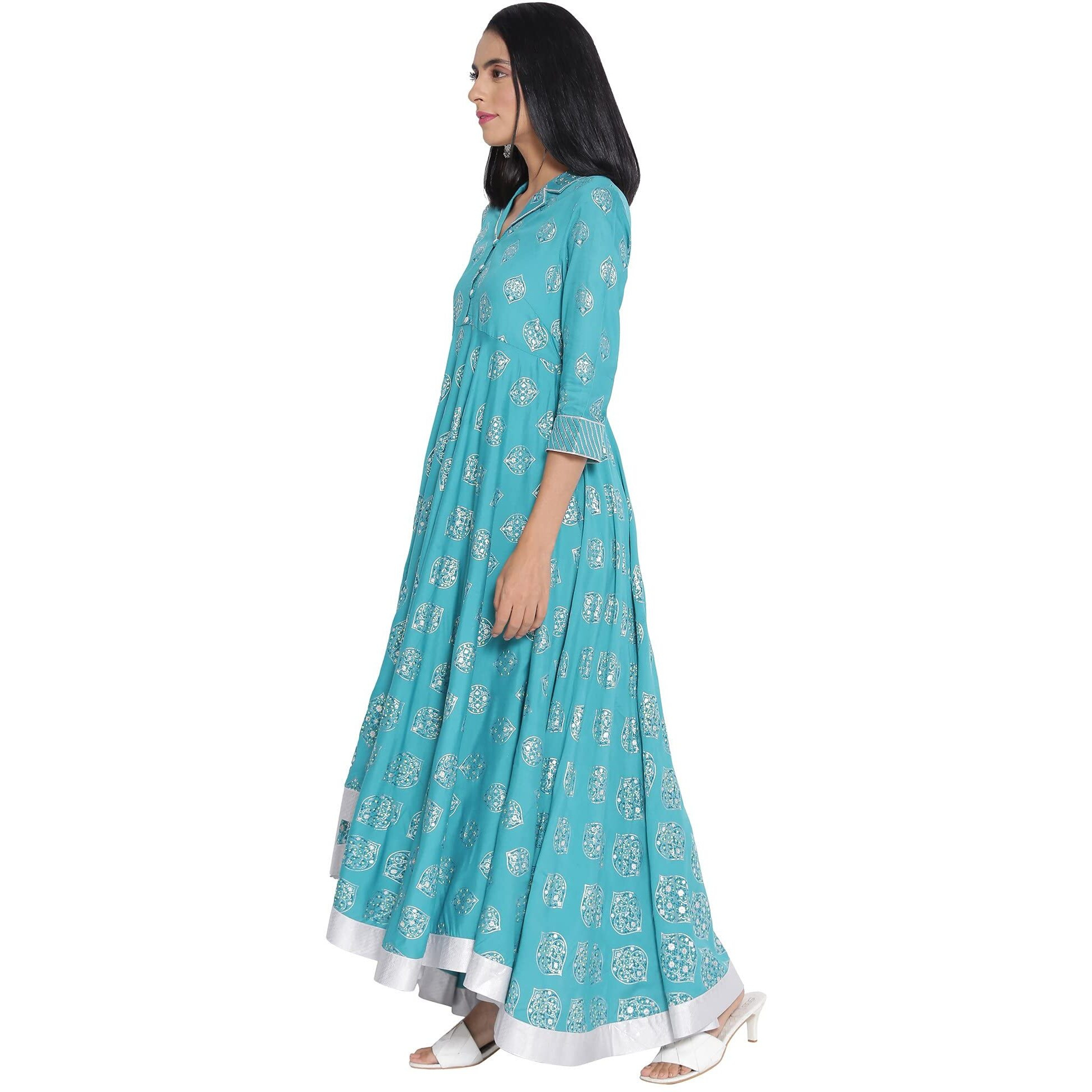 Aurelia Women's Polyester Blue Shirt Collar Flared Dress Calf Length (21Aua12451-503396 S)