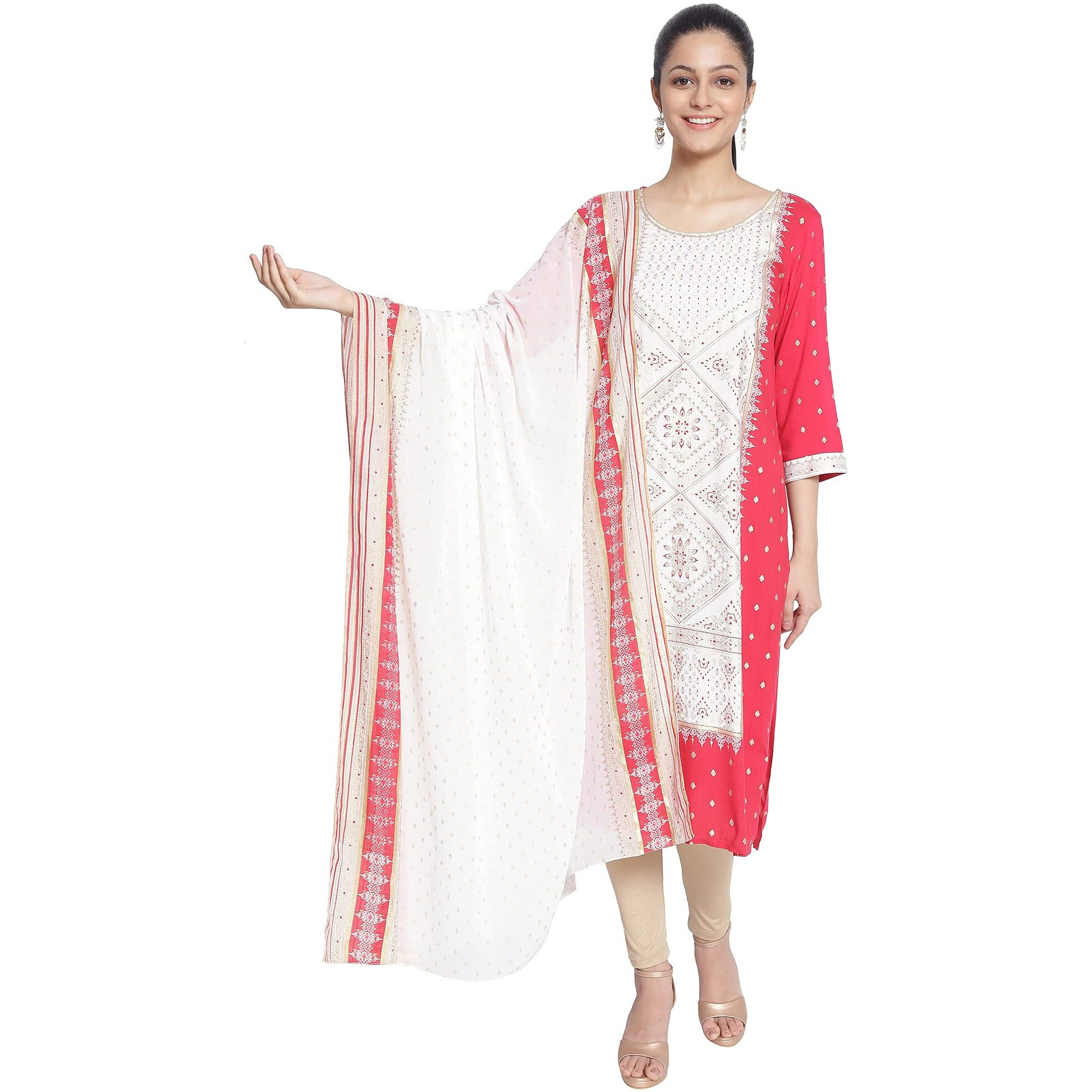 Aurelia Polyester Women White Foil Print Dupatta, Pink, Free Size