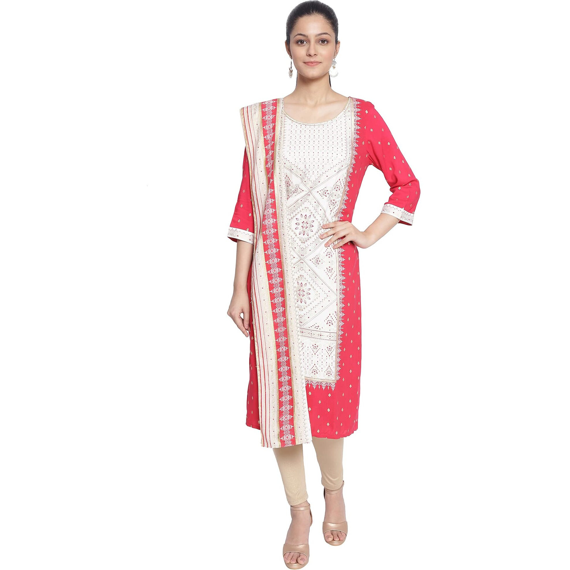 Aurelia Polyester Women White Foil Print Dupatta, Pink, Free Size