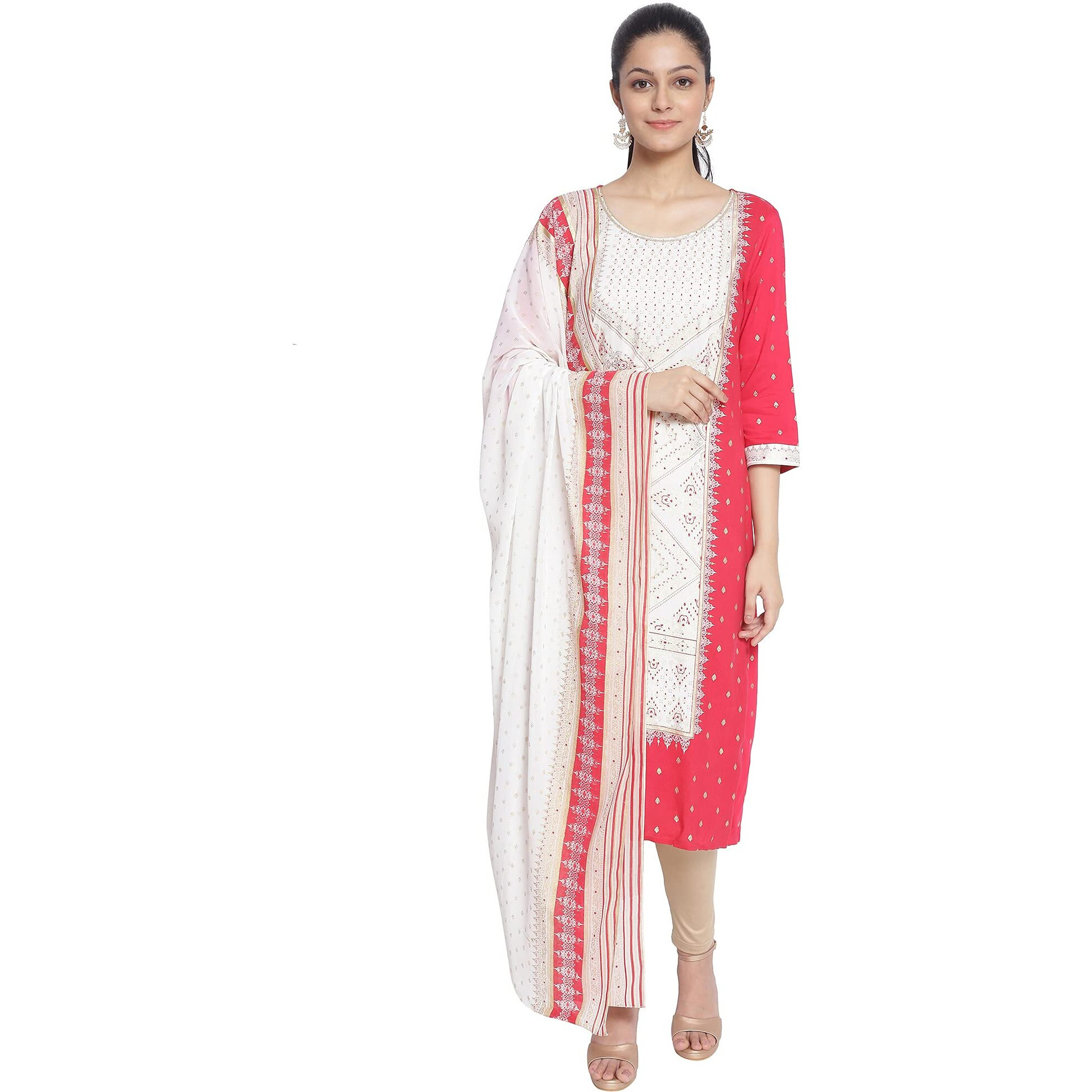 Aurelia Polyester Women White Foil Print Dupatta, Pink, Free Size