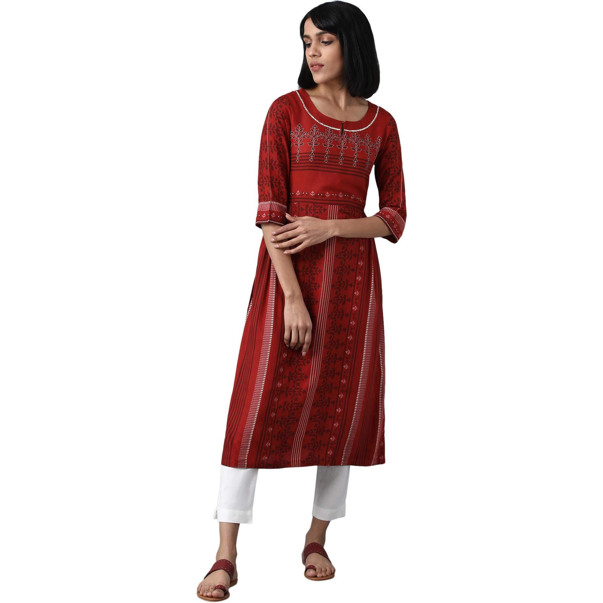 W For Woman Rayon A-Line Dress (20Few13249-113680_Maroon_16 (Xx-Large))