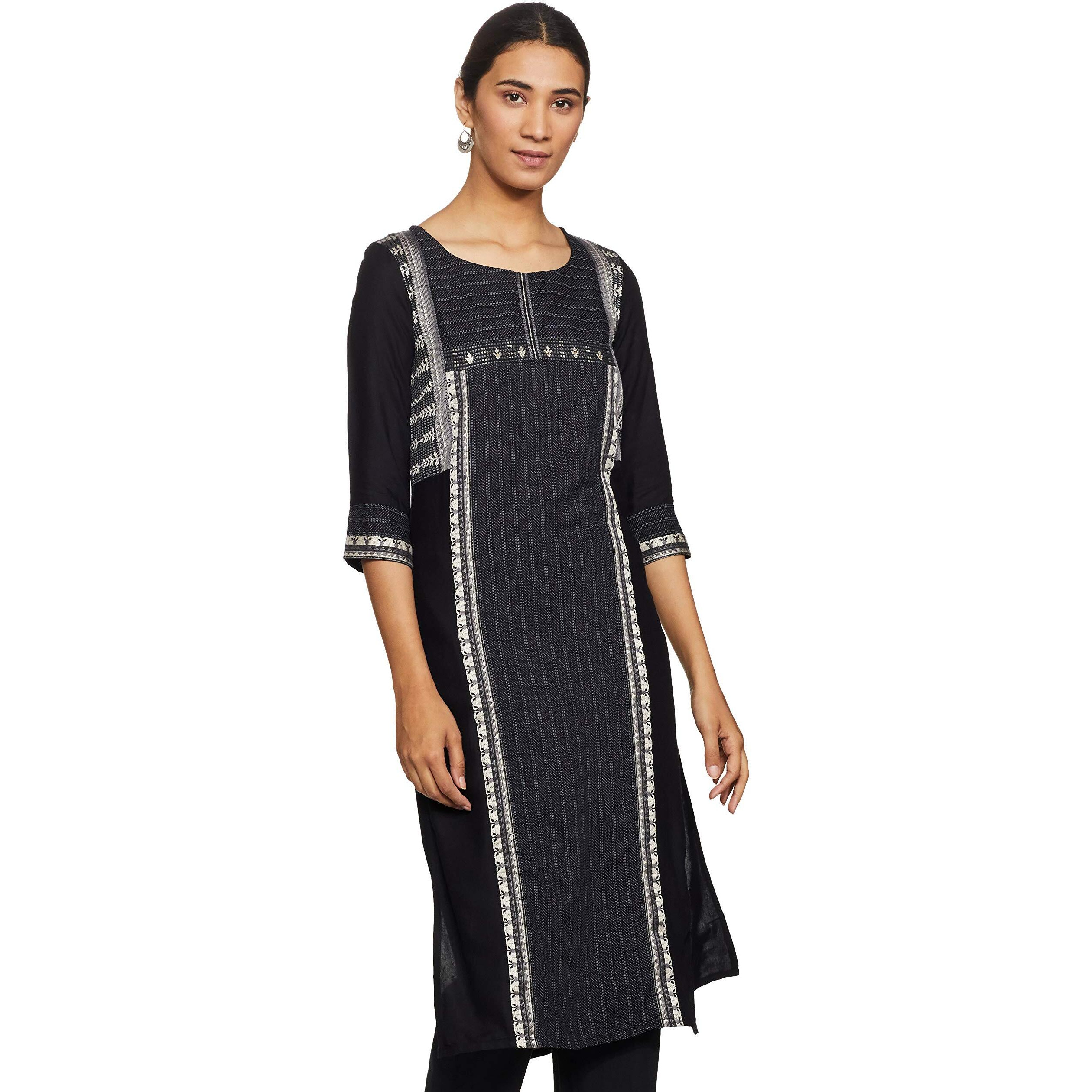 W For Woman Women's Cotton Straight Kurta (20Few13241-311228_ Black_ 6 (X-Small))