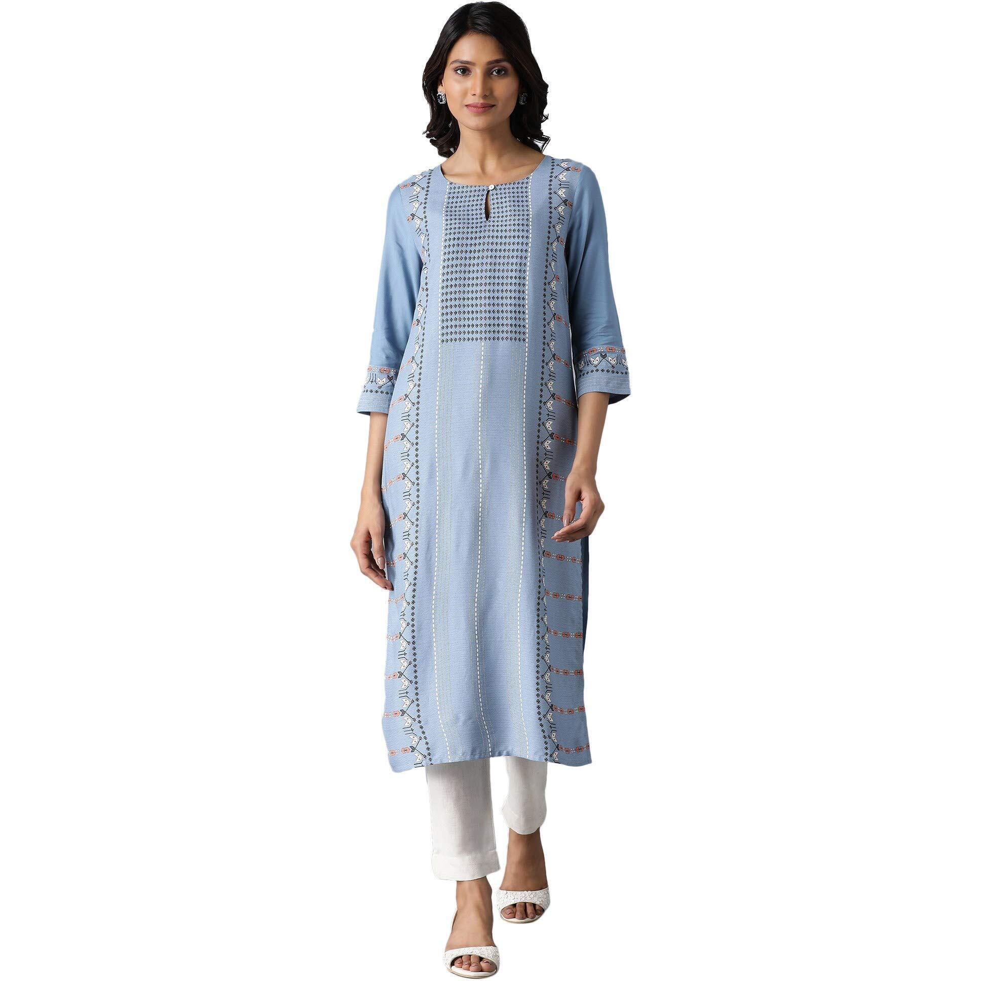 W Blue Geometric Printed Regular Kurta For Women