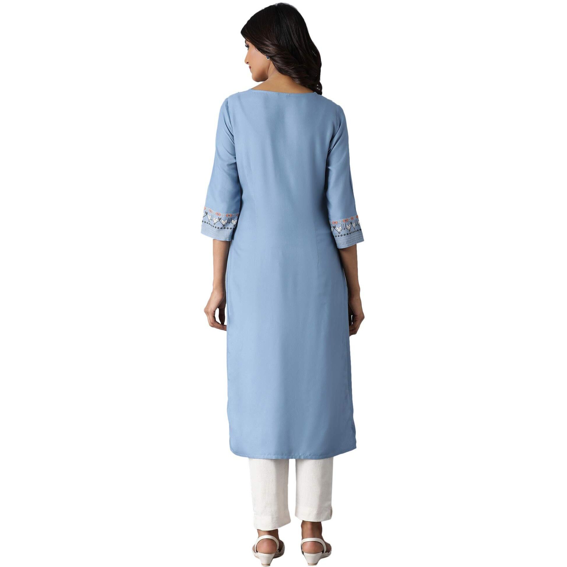 W Blue Geometric Printed Regular Kurta For Women