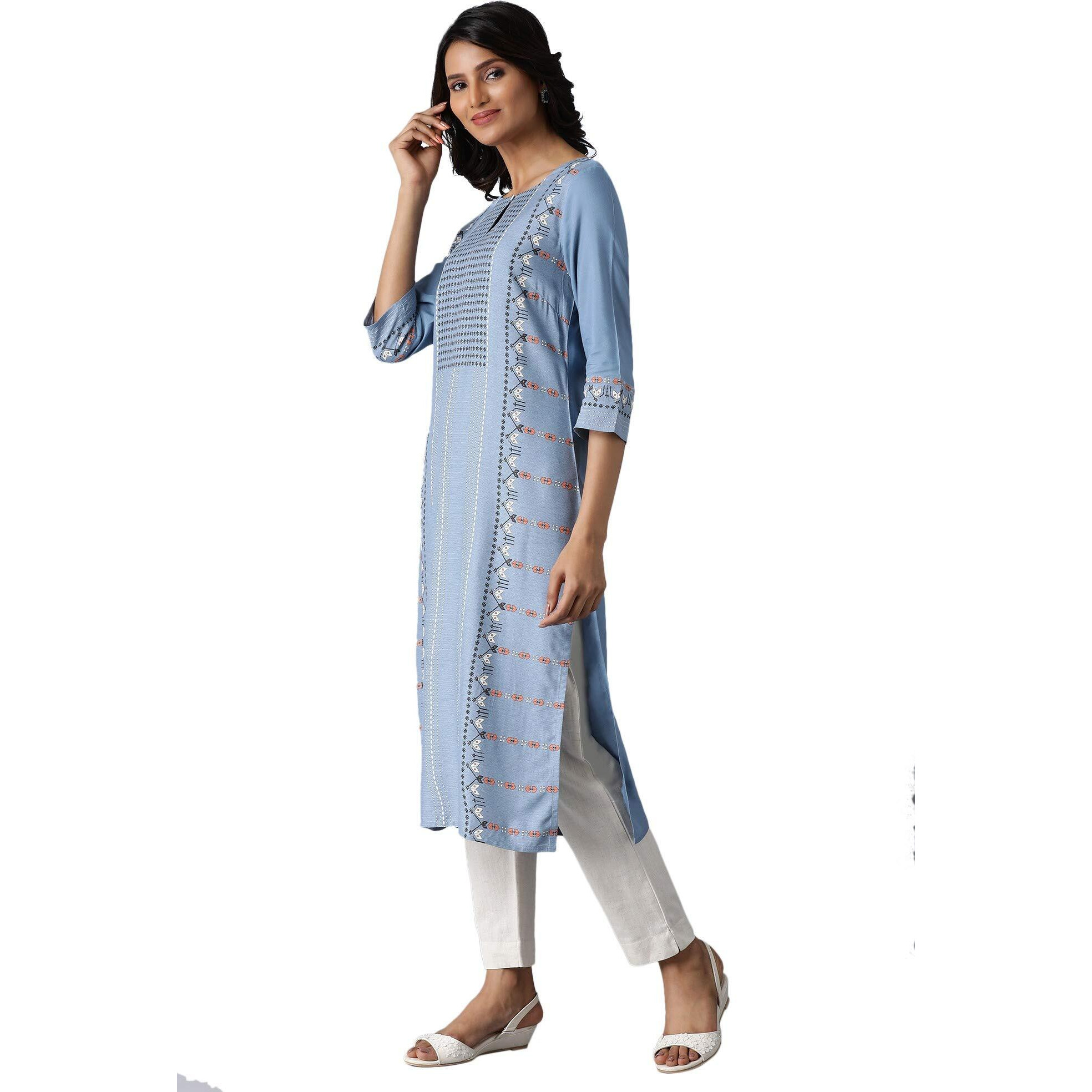 W Blue Geometric Printed Regular Kurta For Women