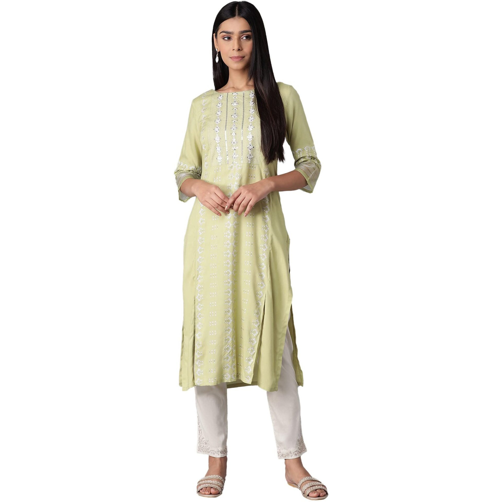 W For Woman Women's Viscose Floral Regular Kurta (21Few13041R-114023_Light Green_Xs)