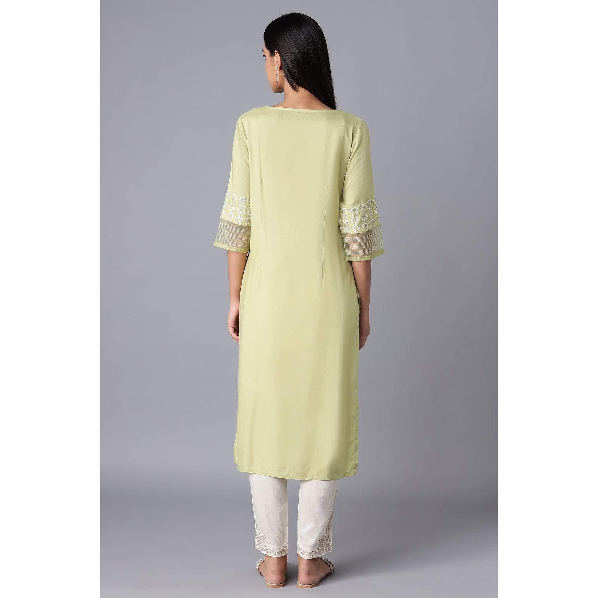 W For Woman Women's Viscose Floral Regular Kurta (21Few13041R-114023_Light Green_Xs)