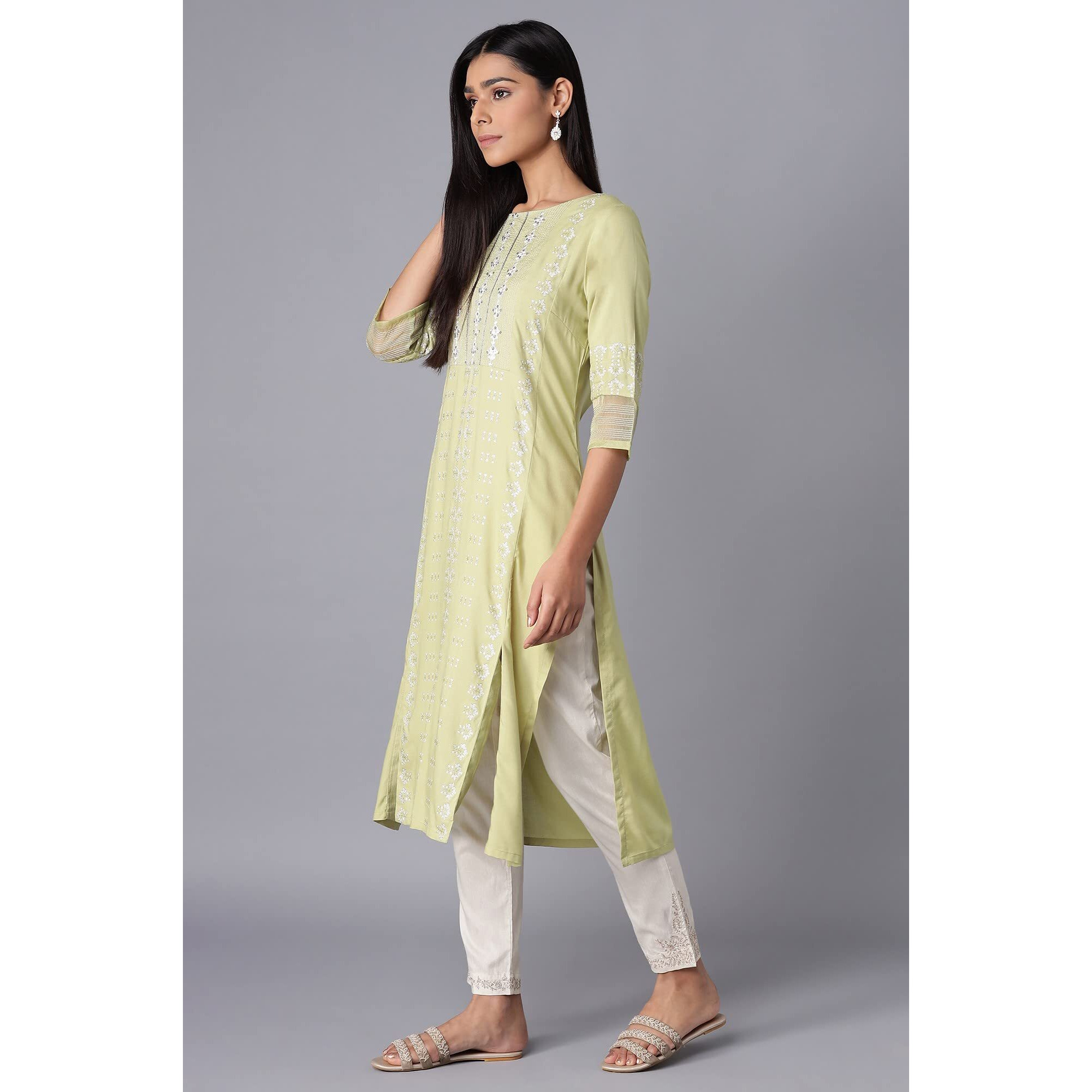 W For Woman Women's Viscose Floral Regular Kurta (21Few13041R-114023_Light Green_Xs)