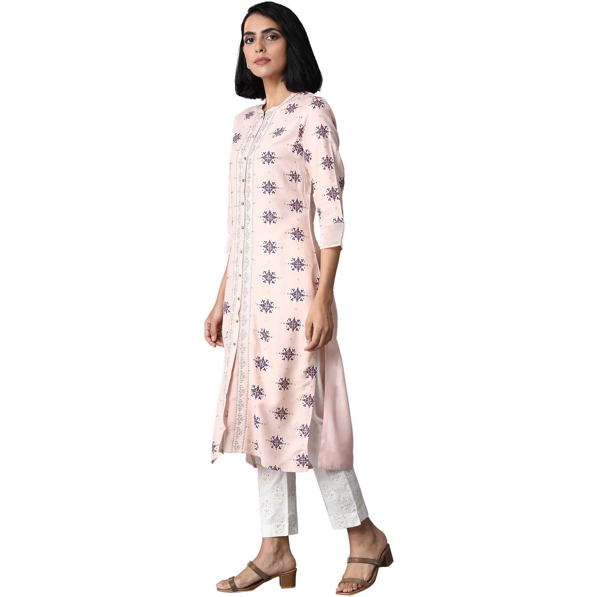 W For Woman Peach Pink Placement Print Kurta_20Few13357-113876_2Xl