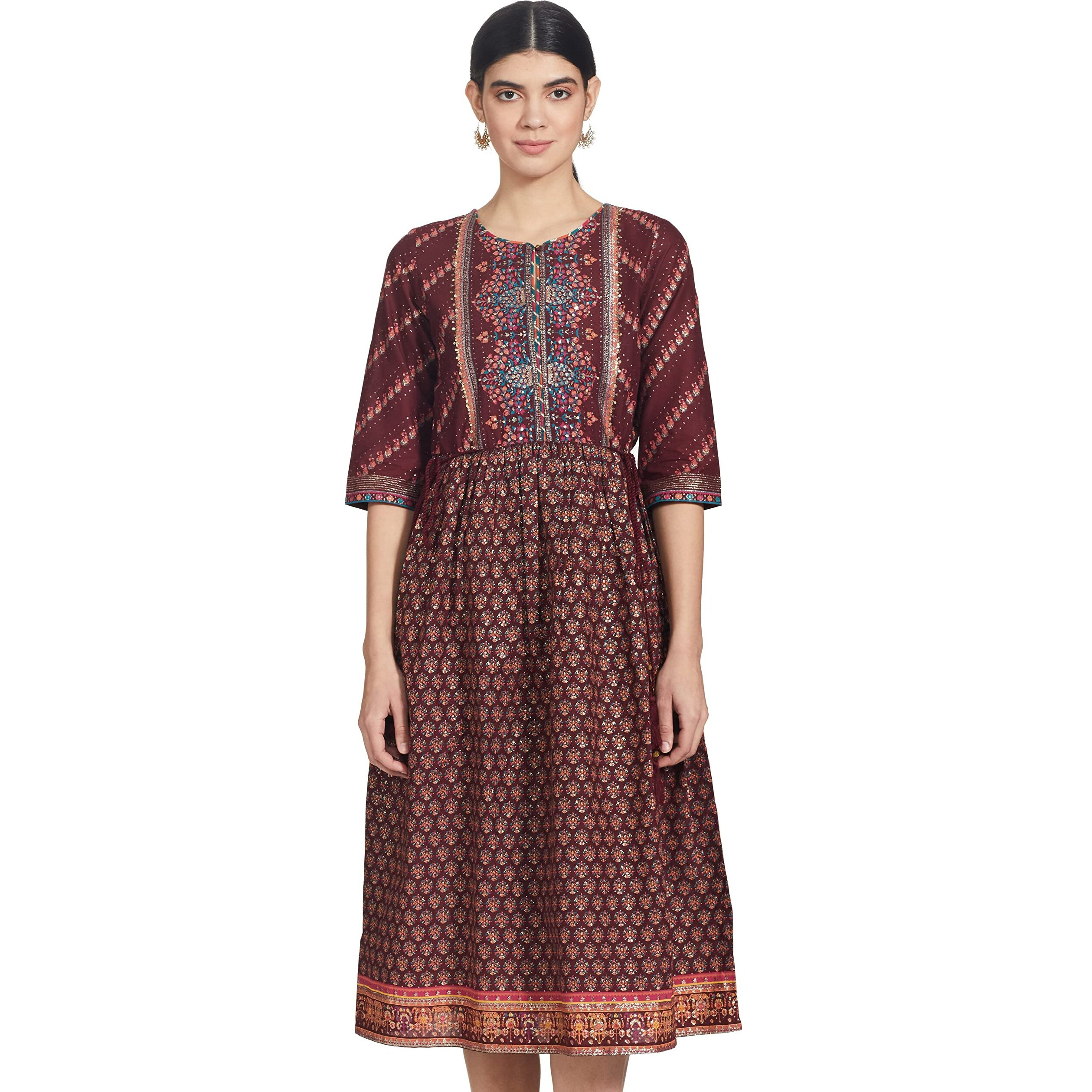 W For Woman Women's Cotton Rich Red Printed Dress With Sequin Below The Knee (21Auw14182-117269 Xs)