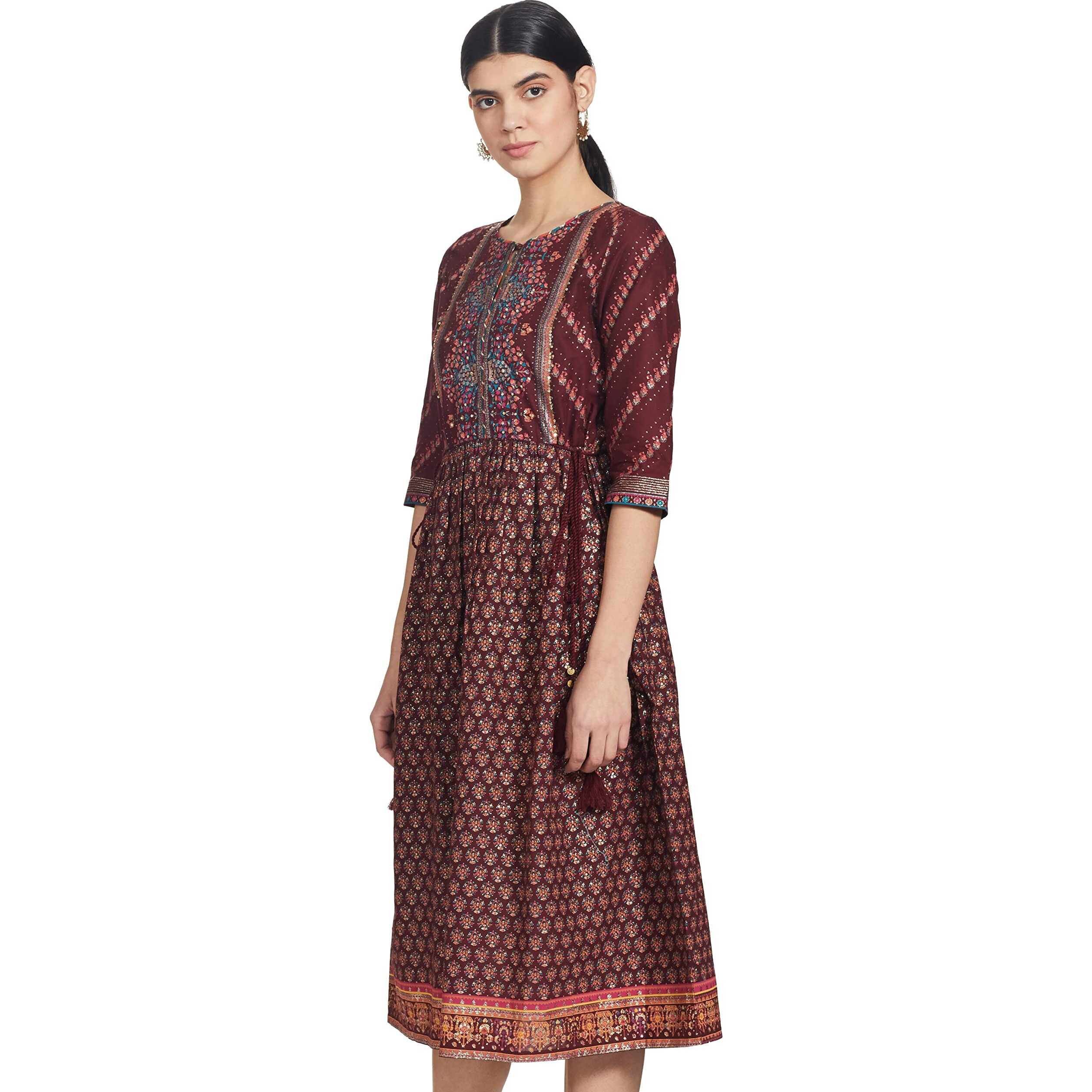 W For Woman Women's Cotton Rich Red Printed Dress With Sequin Below The Knee (21Auw14182-117269 Xs)