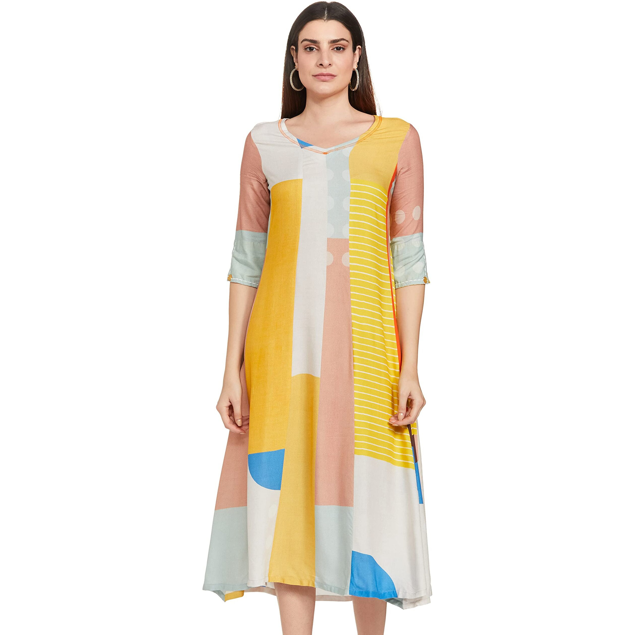 W For Woman Women's Rayon A-Line Midi Dress (20Few13433-114032_Multicolor_10 (Medium))