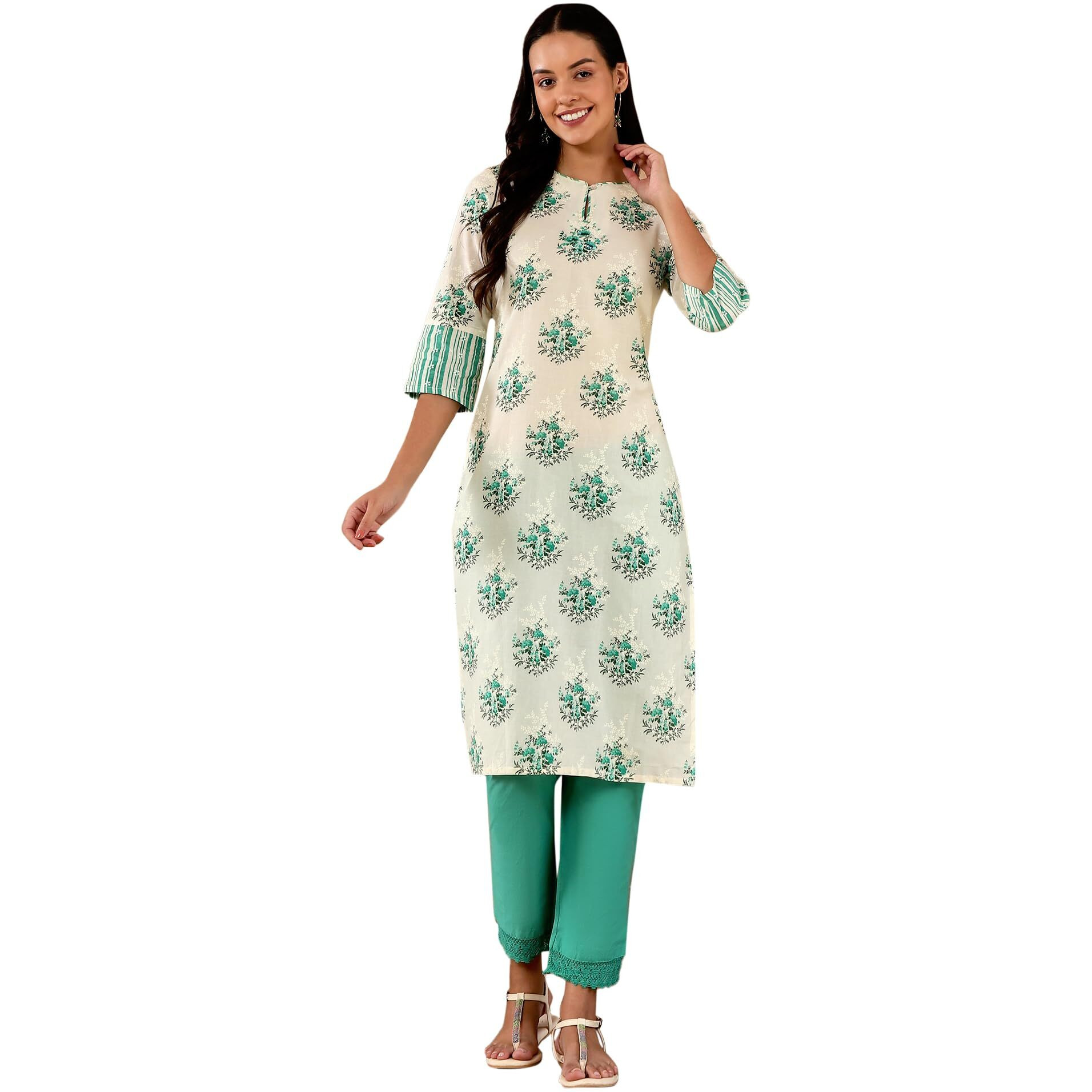 W Green Floral Printed Cotton Regular Kurta For Women