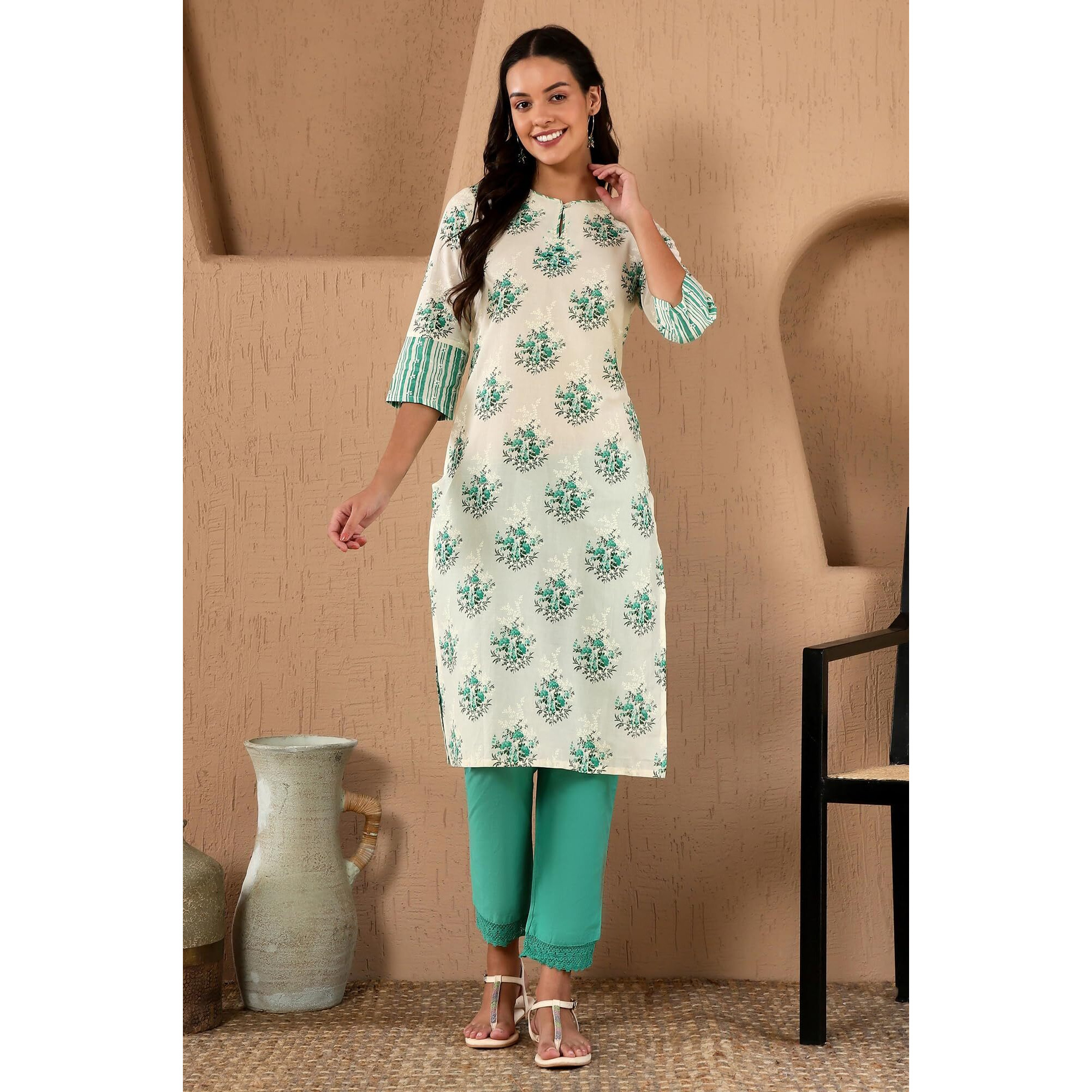 W Green Floral Printed Cotton Regular Kurta For Women