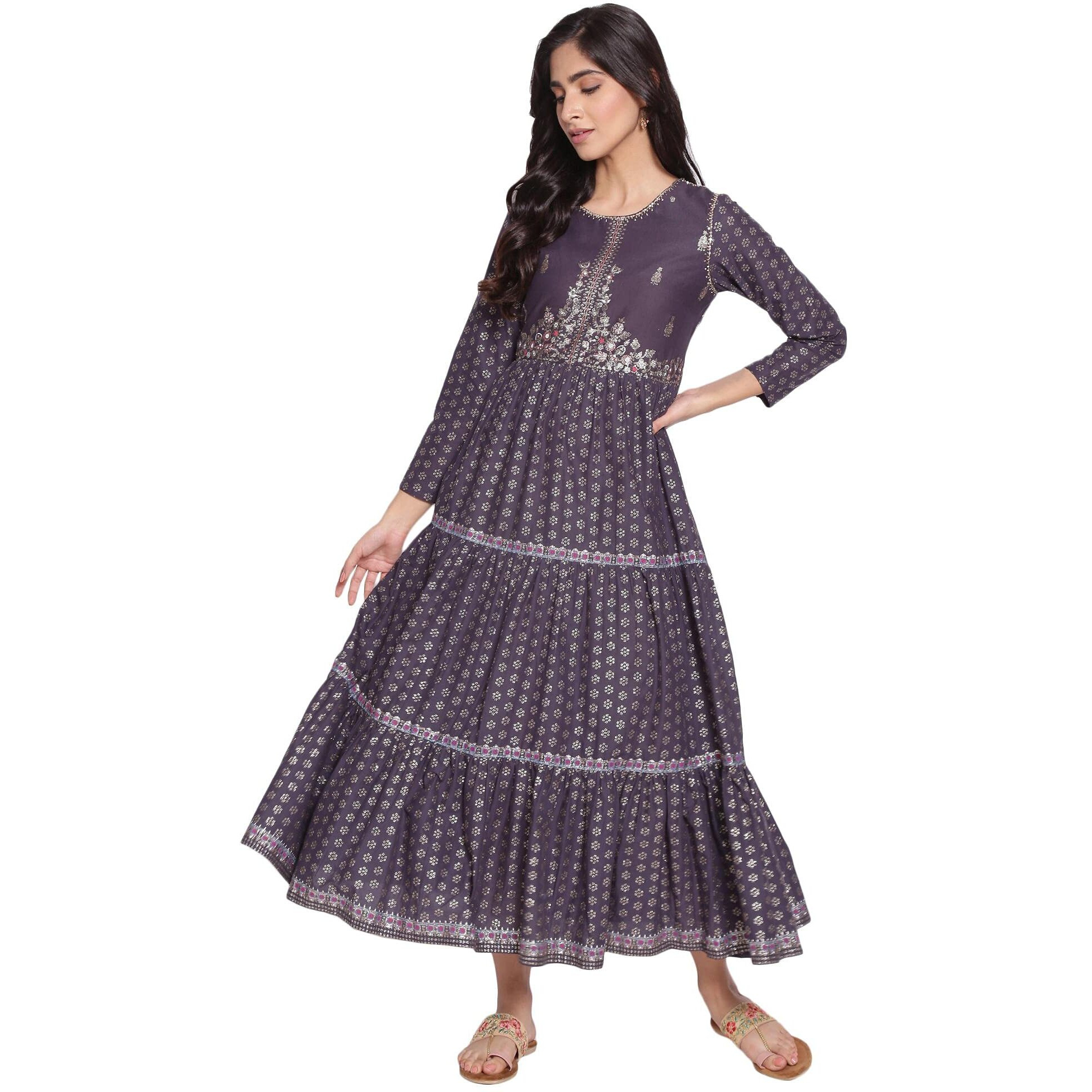 W For Woman Navy Blue Printed Dress With Embroidery_21Auw14040-115132_Xs