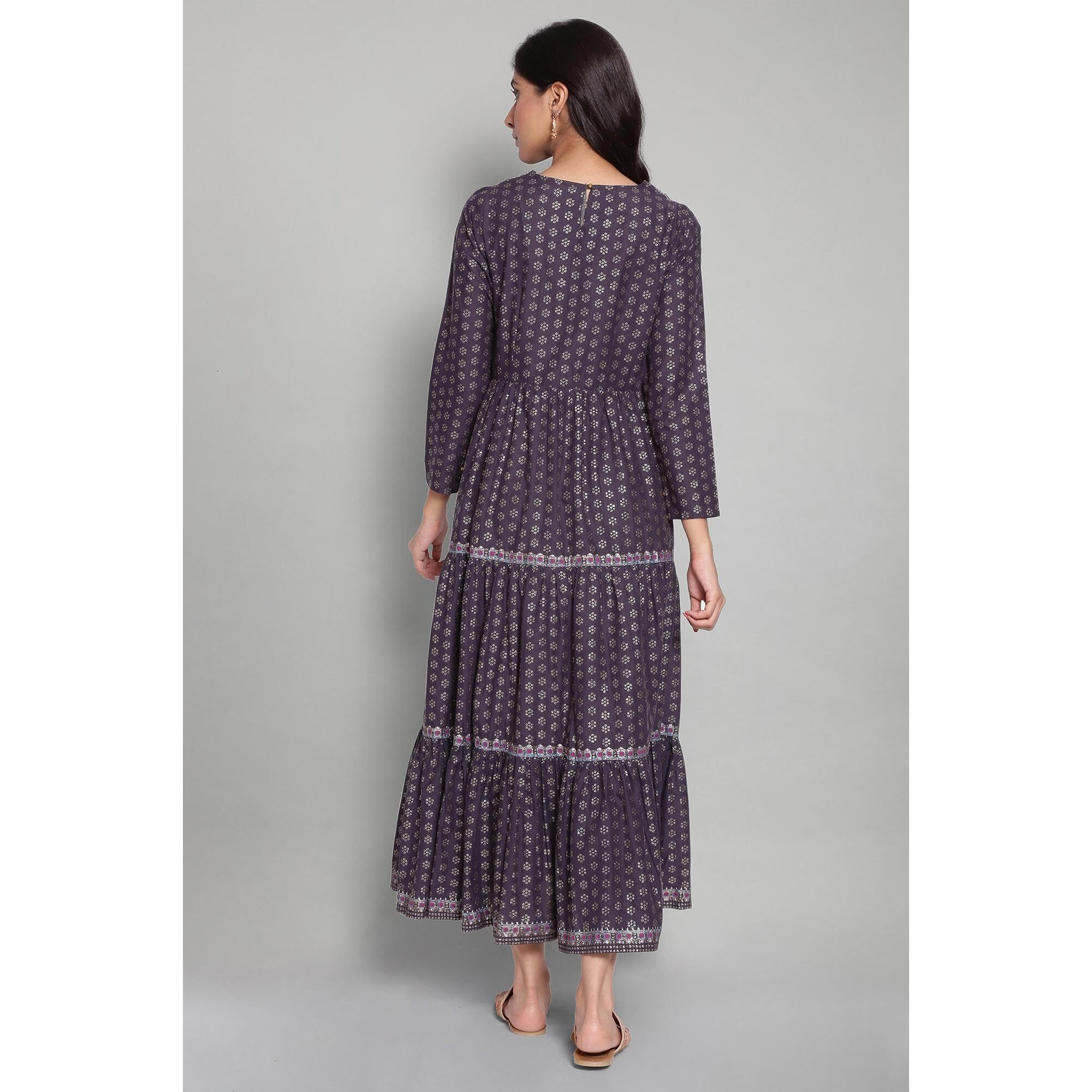 W For Woman Navy Blue Printed Dress With Embroidery_21Auw14040-115132_Xs